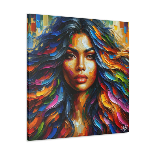 Art Print, Indo-Caribbean Woman, Oil Finish, West Indian Ethnicity, Cultural, Heritage, Semi-Abstract, Canvas Gallery Wrap