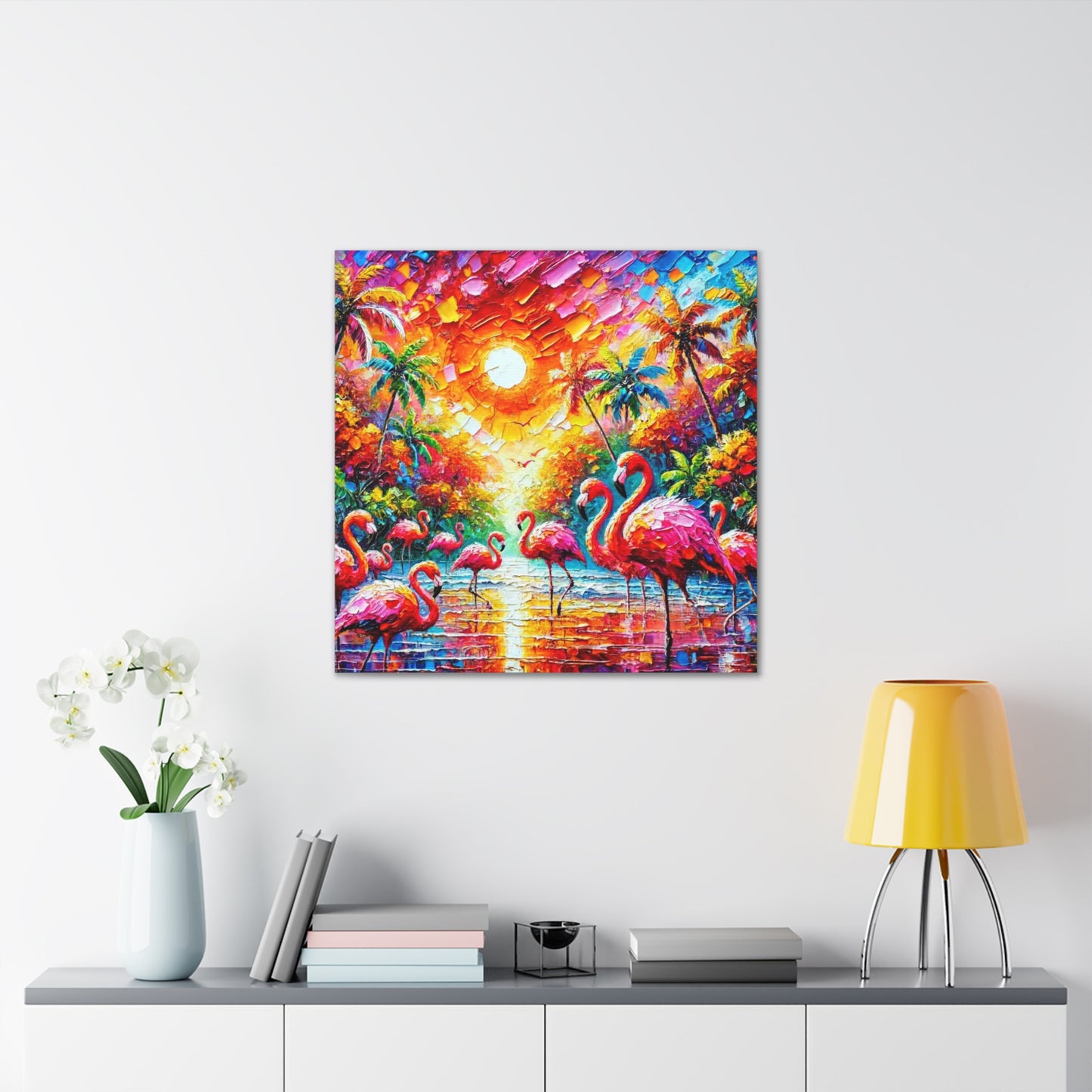 Art Print, Flamingos, Abstract Oil Finish, Trinidad & Tobago, Caribbean, West Indian Art, Canvas Gallery Wraps