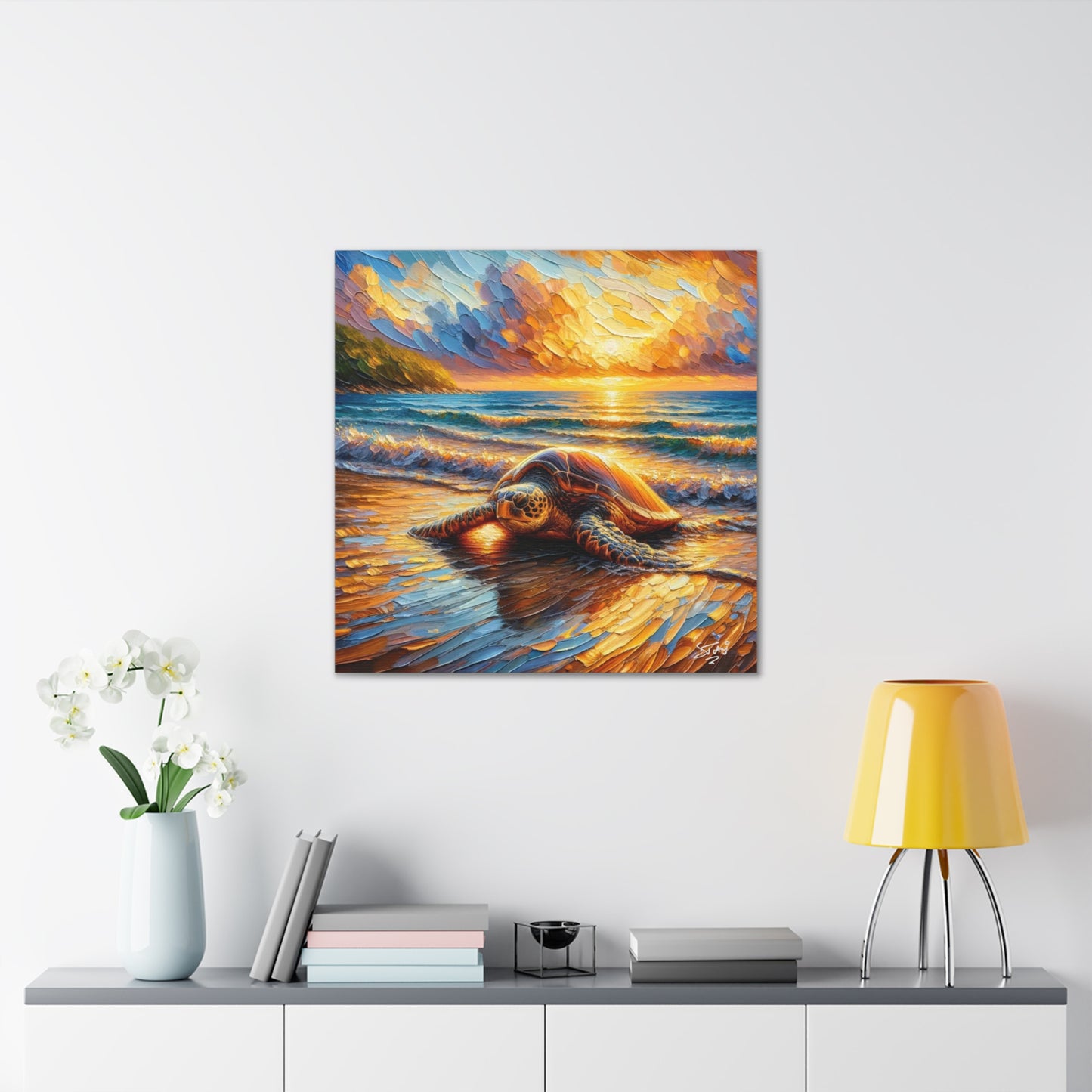 Art Print, Turtle at Sunset, Caribbean Wildlife, Oil Finish, Caribbean Nature, Culture, Heritage, Canvas Gallery Wrap