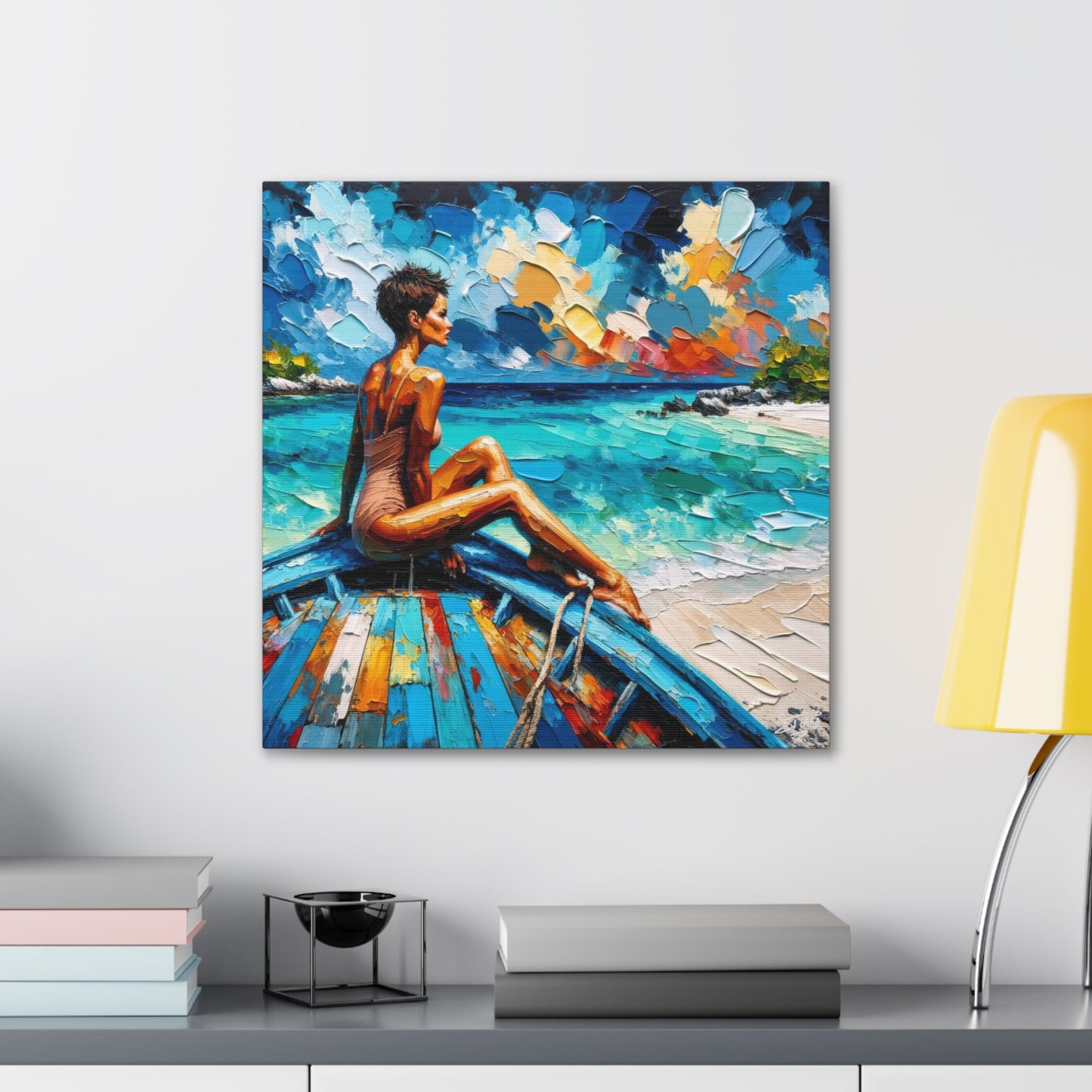 Art Print, Caribbean Woman "Chilling in the Boat" Oil Finish, West Indian Ethnicity, Cultural, Heritage, Semi-Abstract, Canvas Gallery Wrap