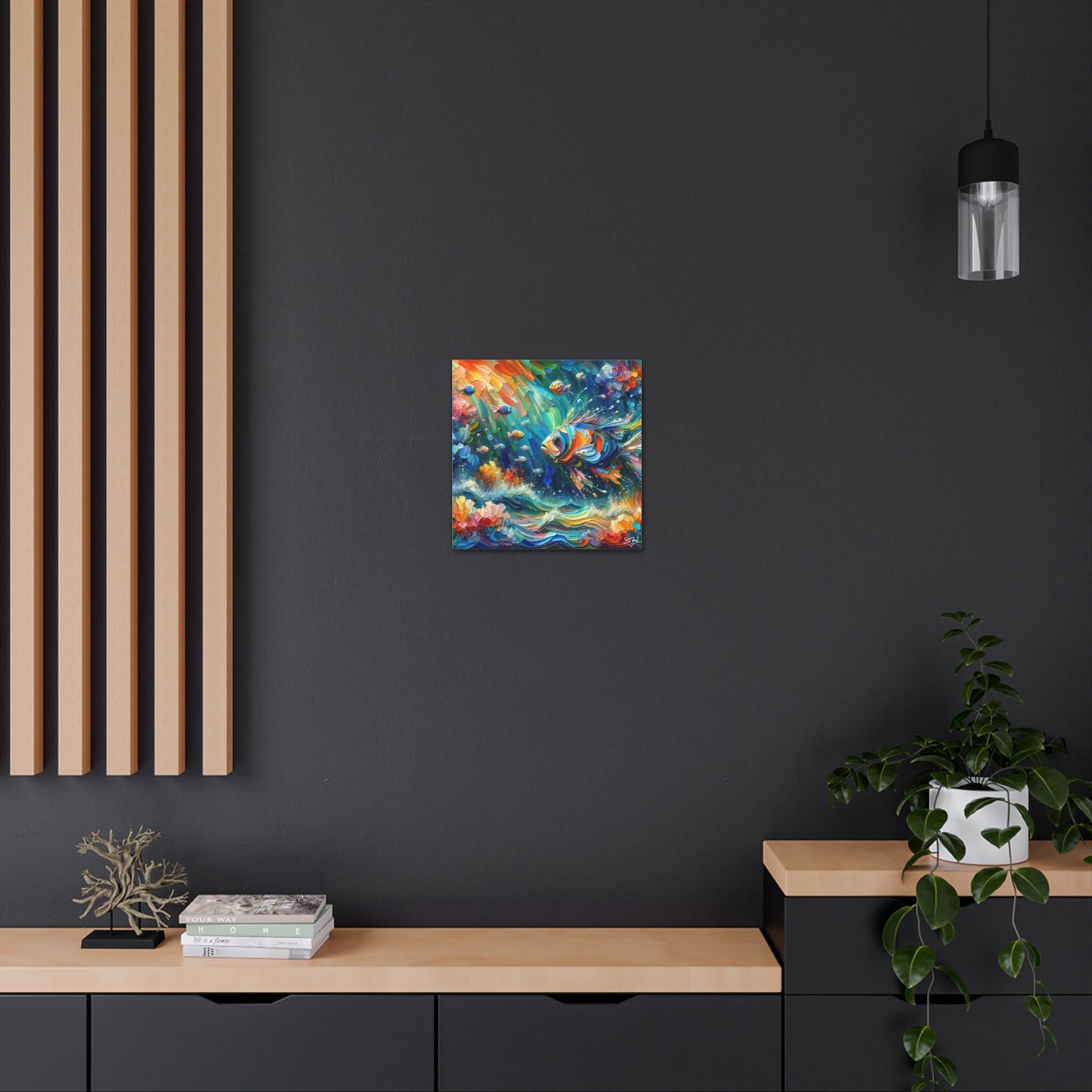 Art Print, Fishes in Coral Reef, Oil Finish, Caribbean Nature, Semi-Abstract, Canvas Gallery Wrap