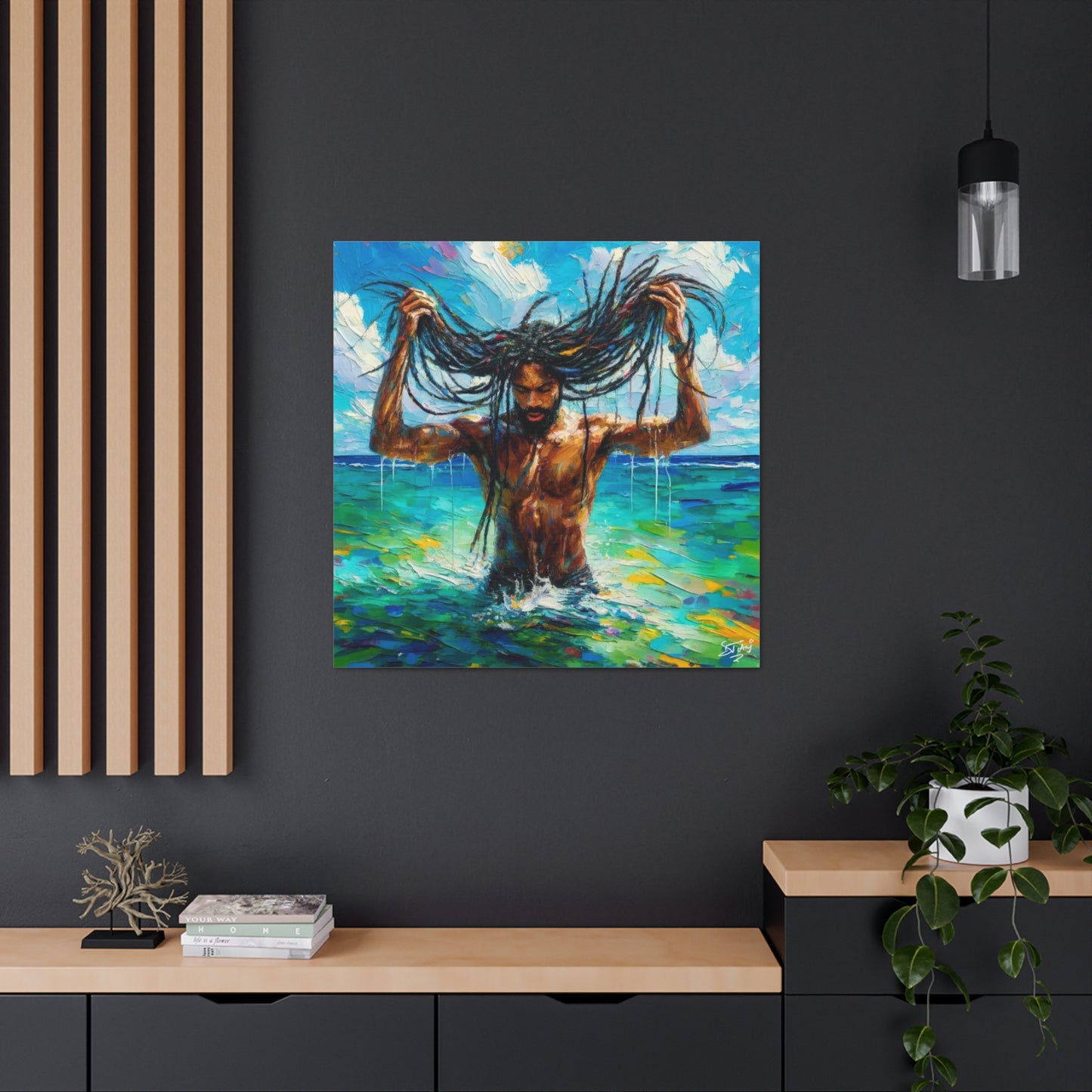 Art Print, Afro-Caribbean Man "Chilling in the Ocean" Oil Finish, West Indian Ethnicity, Cultural, Heritage, Semi-Abstract, Canvas Gallery Wrap