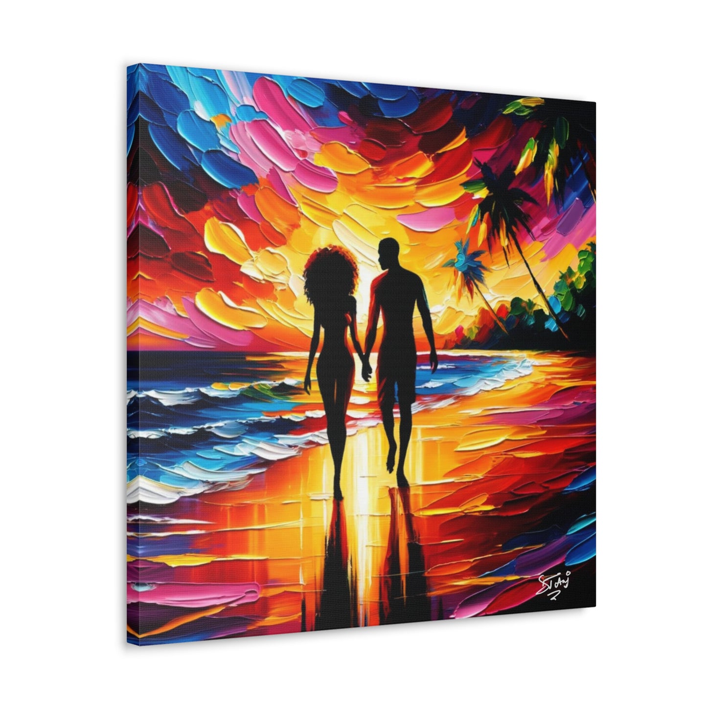 Art Print, Caribbean Couple, "Walking on the Beach" Semi-Abstract Oil Finish, West Indian Ethnicity, Cultural, Heritage, Abstract, Canvas Gallery Wrap