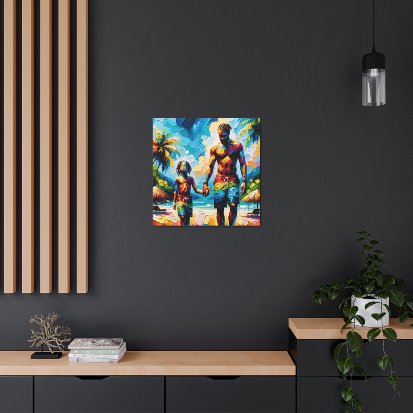 Art Print, Afro-Caribbean Father & Son, Oil Finish, West Indian Ethnicity, Cultural, Heritage, Semi-Abstract, Canvas Gallery Wrap