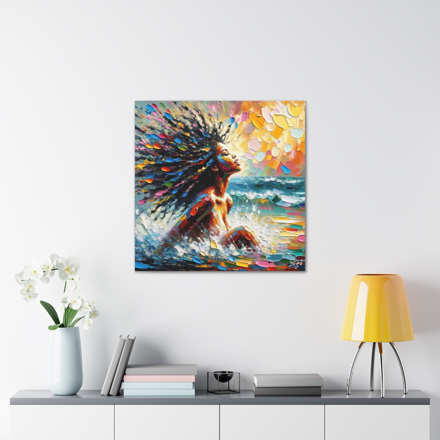 Art Print, Afro-Caribbean Woman, "Enjoying the Sunset" Abstract, Oil Finish, West Indian Ethnicity, Cultural, Heritage, Abstract, Canvas Gallery Wrap