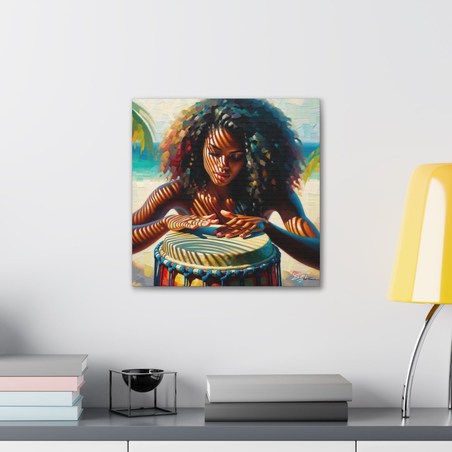 Art Print, Afro-Caribbean Woman, "Drumming" Oil Finish, West Indian Ethnicity, Cultural, Heritage, Abstract, Canvas Gallery Wrap