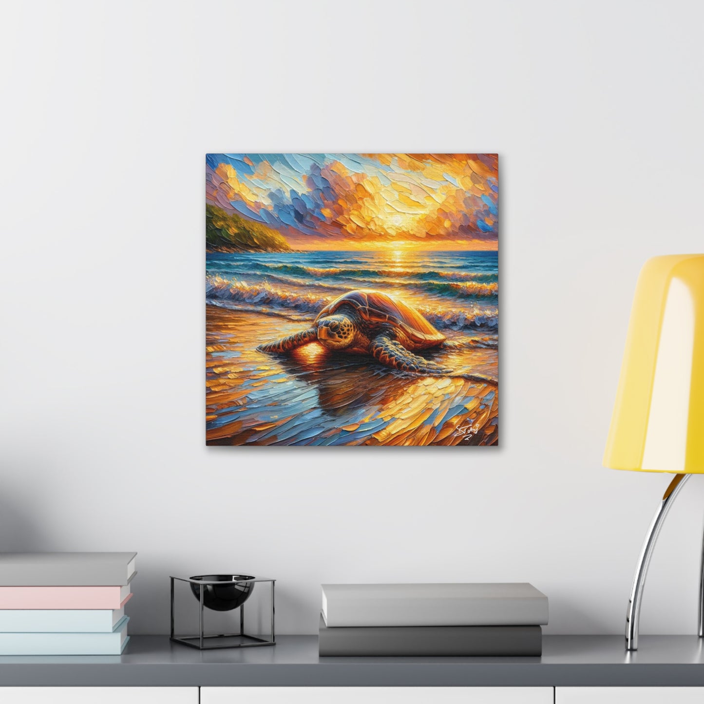 Art Print, Turtle at Sunset, Caribbean Wildlife, Oil Finish, Caribbean Nature, Culture, Heritage, Canvas Gallery Wrap