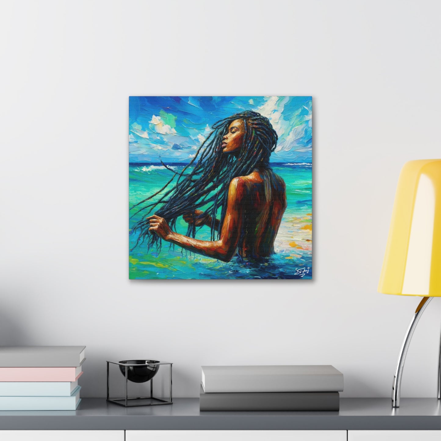 Art Print, Afro-Caribbean Woman "Chilling in the Ocean" Oil Finish, West Indian Ethnicity, Cultural, Heritage, Semi-Abstract, Canvas Gallery Wrap