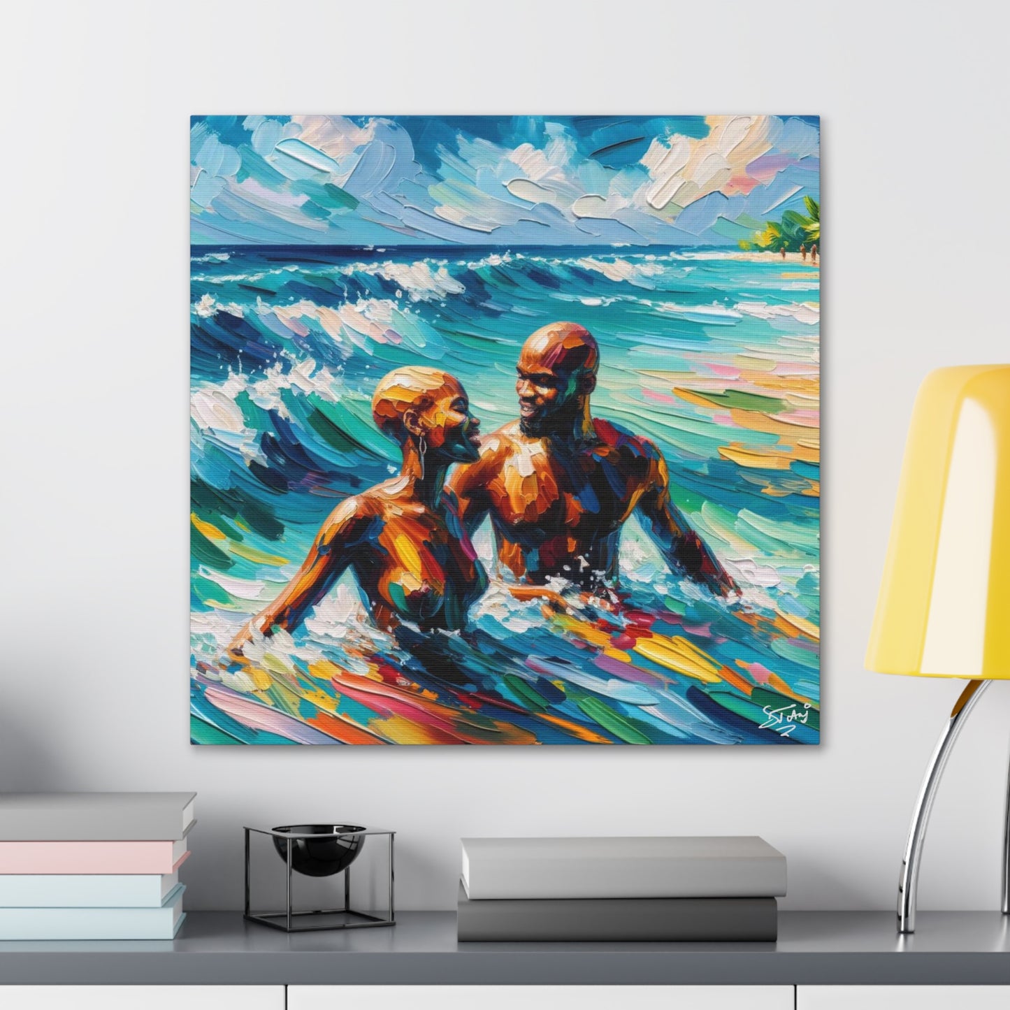 Art Print, Afro-Caribbean Couple "Skinny Dipping," Oil Finish, West Indian Ethnicity, Cultural, Heritage, Semi-Abstract, Canvas Gallery Wrap