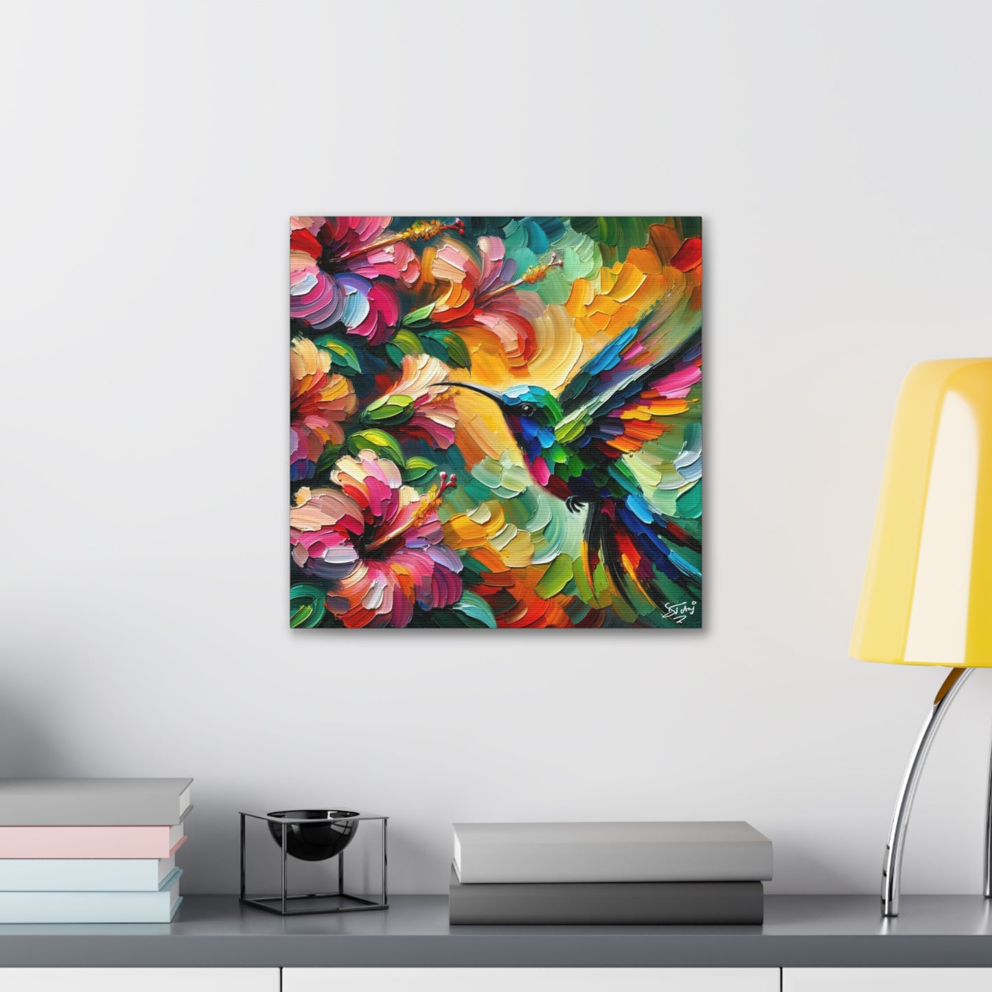 Art Print, Hummingbird on Hibiscus, Oil Finish, Caribbean Nature, Cultural, Heritage, Semi-Abstract, Canvas Gallery Wrap