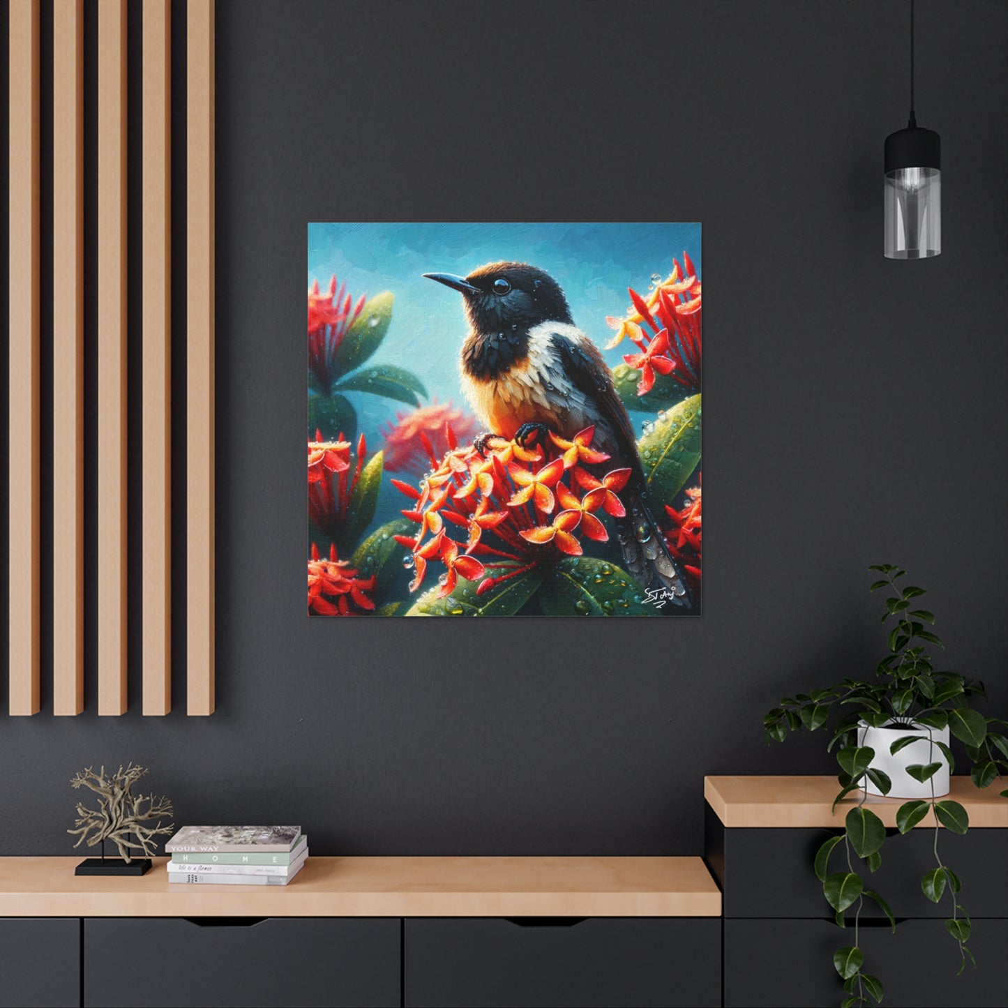 Print of Redstart Perched on Ixora Flower, Oil Paint Finish, Caribbean, Tropical, Canvas Gallery Wraps