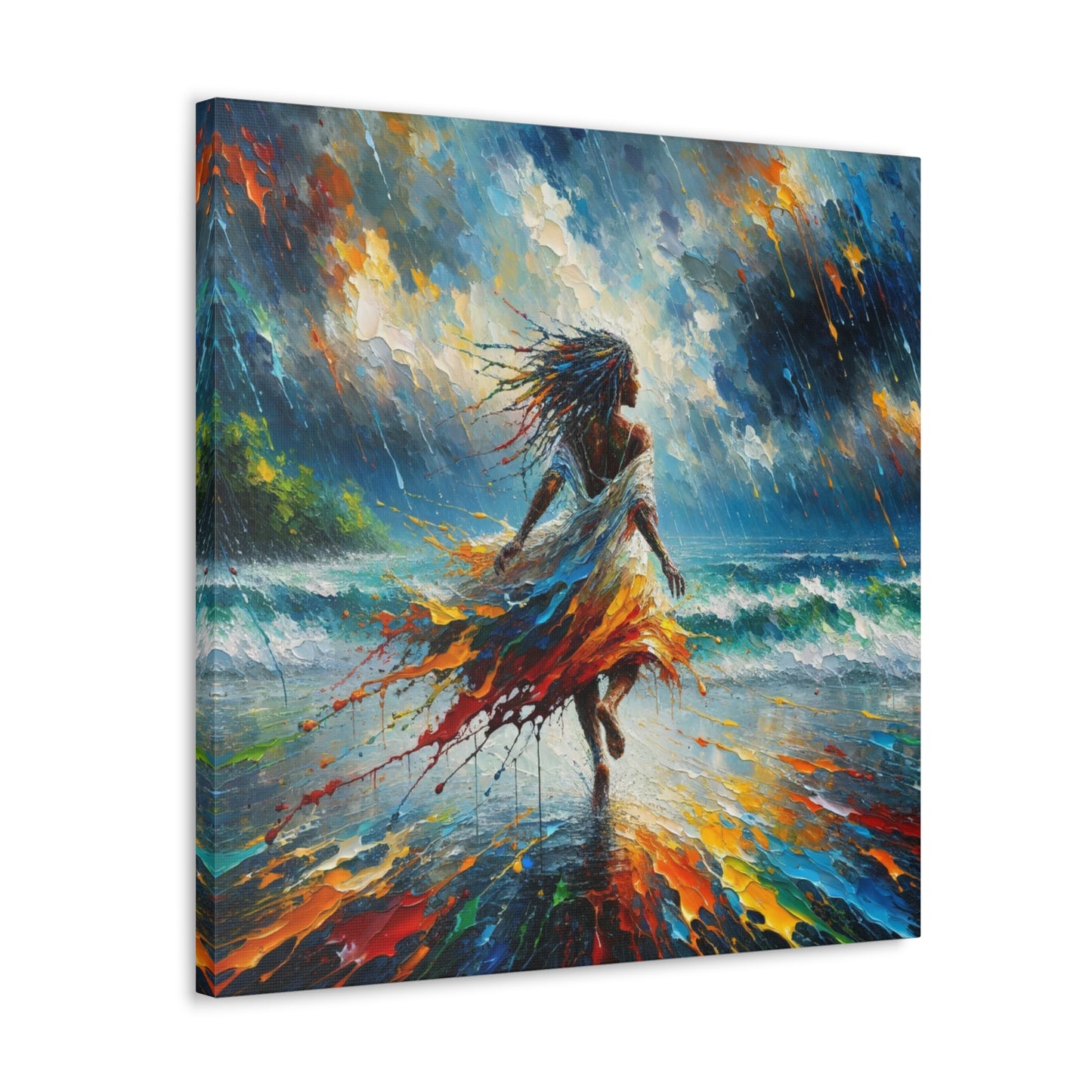 Art Print#4, East Indian Woman from Trinidad running into the Atlantic Ocean, Caribbean, Oil Finish, West Indian Art, Canvas Gallery Wraps