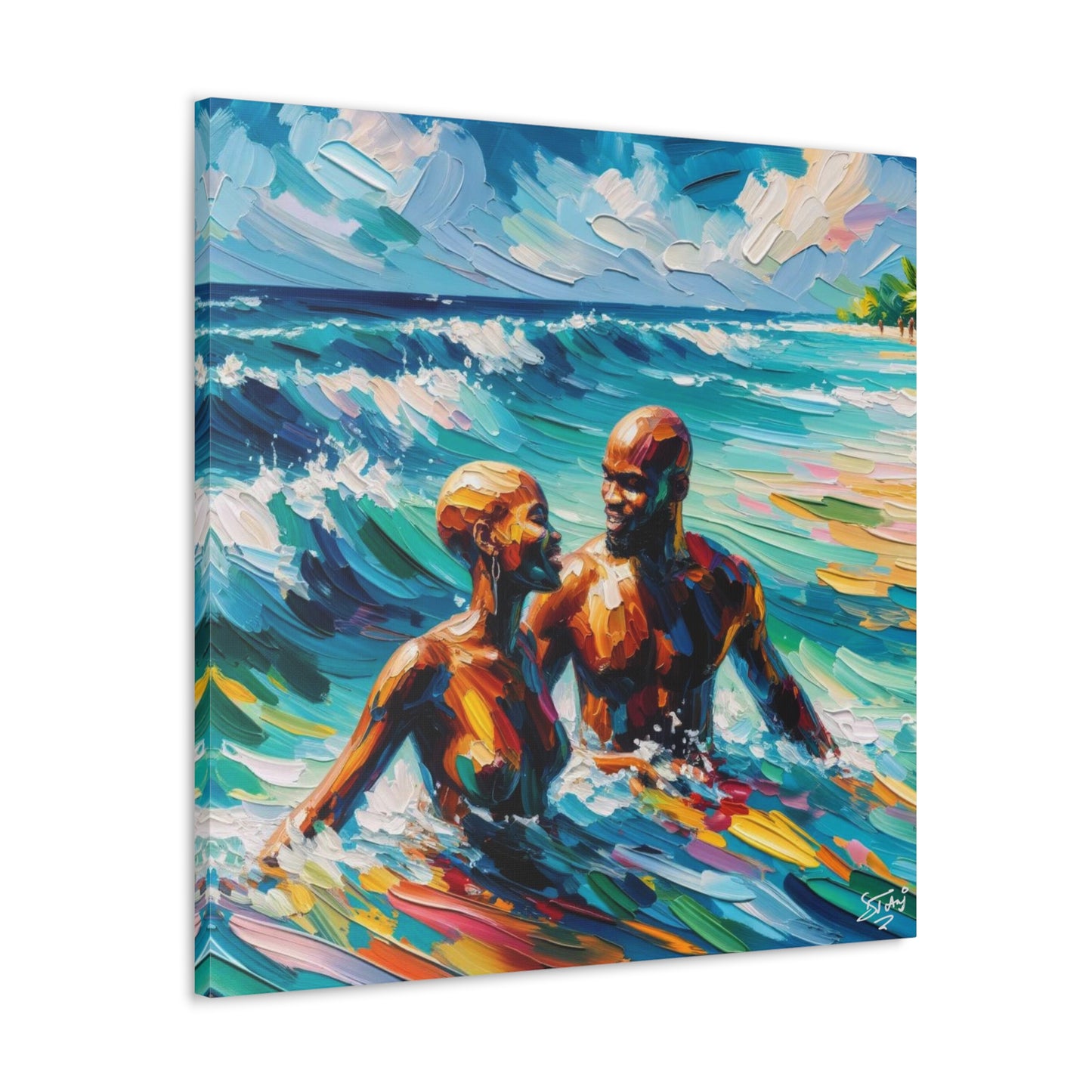 Art Print, Afro-Caribbean Couple "Skinny Dipping," Oil Finish, West Indian Ethnicity, Cultural, Heritage, Semi-Abstract, Canvas Gallery Wrap