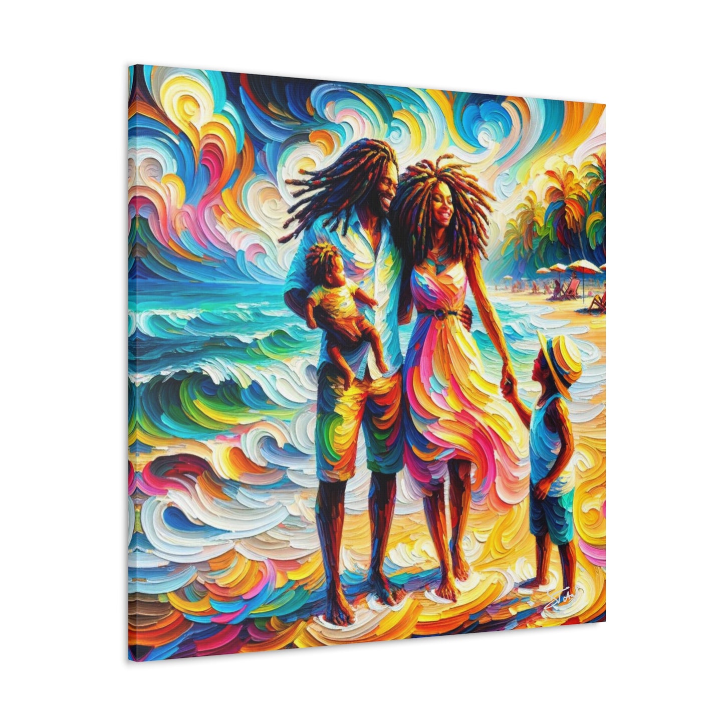 Art Print, Afro-Caribbean Family "Walking on the Beach," Oil Finish, West Indian Ethnicity, Cultural, Heritage, Semi-Abstract, Canvas Gallery Wrap