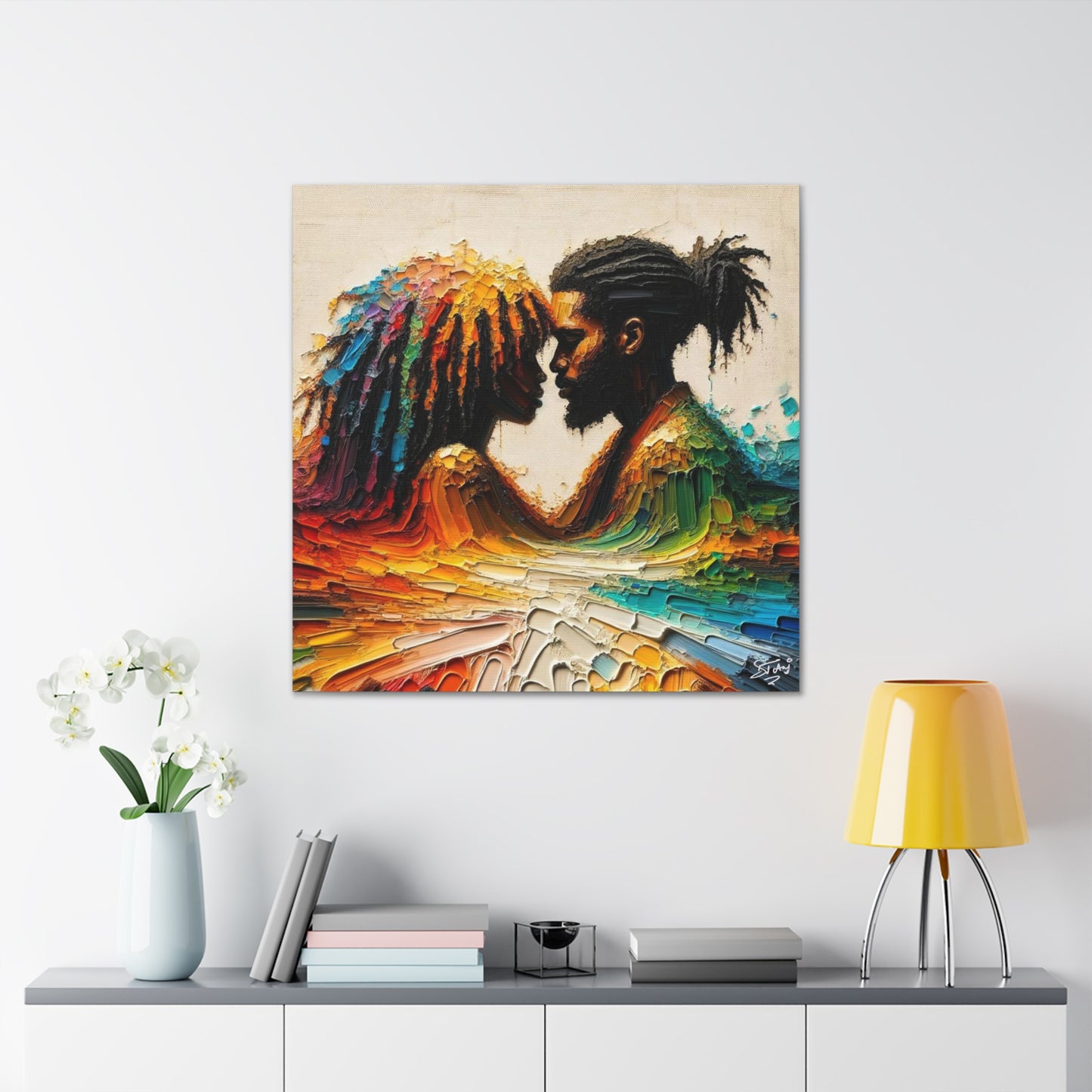 Art Print, Afro-Caribbean Couple in Love (2), Oil Finish, West Indian Ethnicity, Cultural, Heritage, Semi-Abstract, Canvas Gallery Wrap