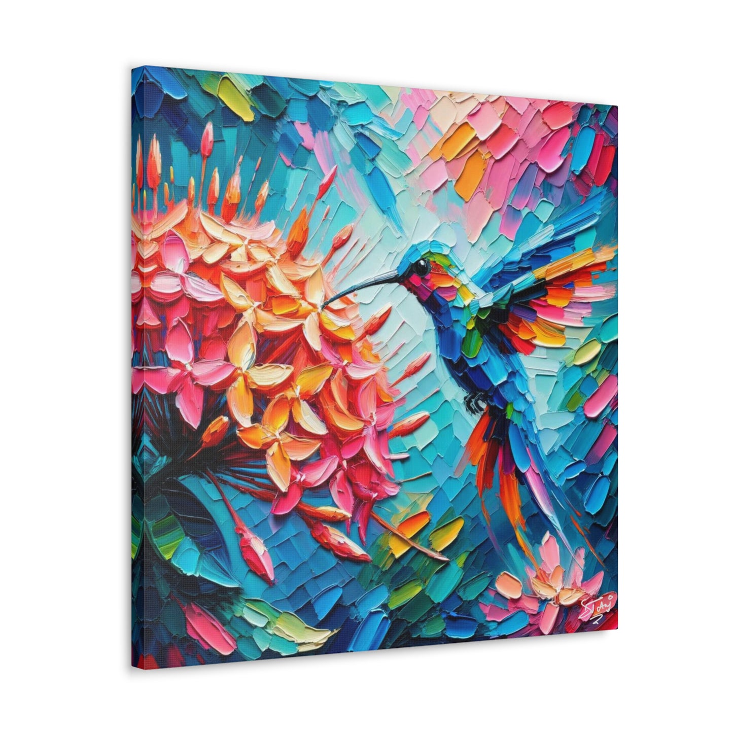 Art Print, Hummingbird on Ixora, Oil Finish, Caribbean Nature, Cultural, Heritage, Semi-Abstract, Canvas Gallery Wrap