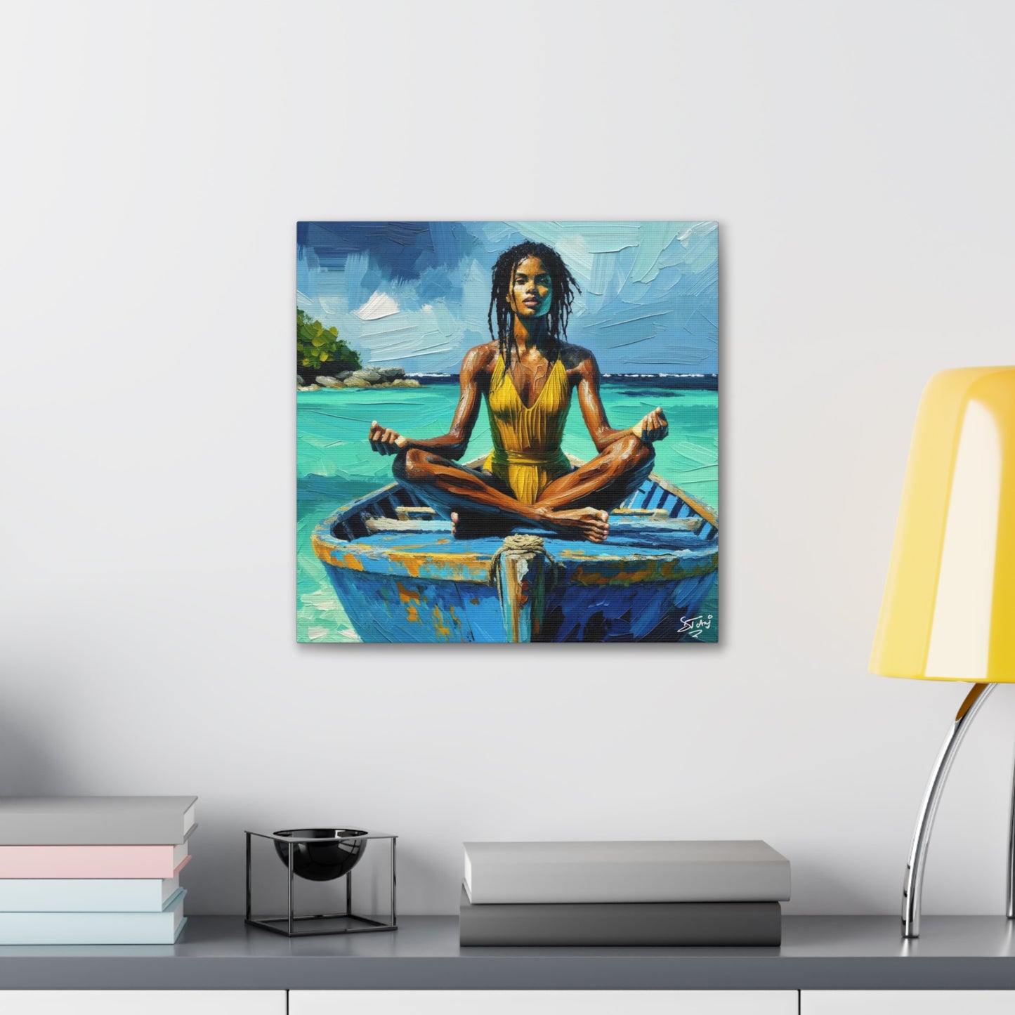 Art Print, Afro-Caribbean Woman "Chilling in the Boat (4)" Oil Finish, West Indian Ethnicity, Cultural, Heritage, Semi-Abstract, Canvas Gallery Wrap