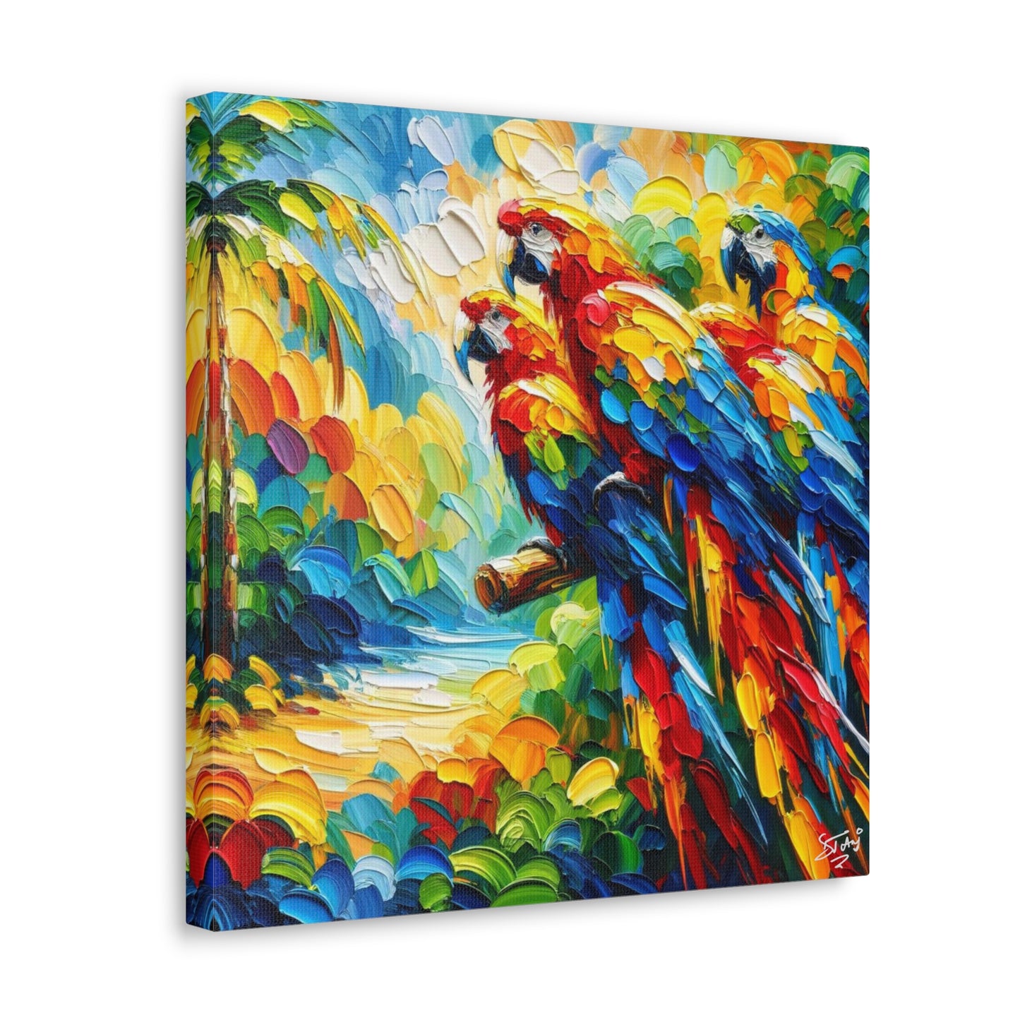 Art Print, The Parrots, Oil Finish, Caribbean Nature, Cultural, Heritage, Semi-Abstract, Canvas Gallery Wrap