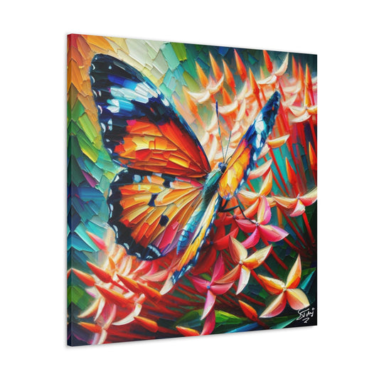 Art Print, Butterfly on Ixoras, Oil Finish, Caribbean Nature, Cultural, Heritage, Semi-Abstract, Canvas Gallery Wrap