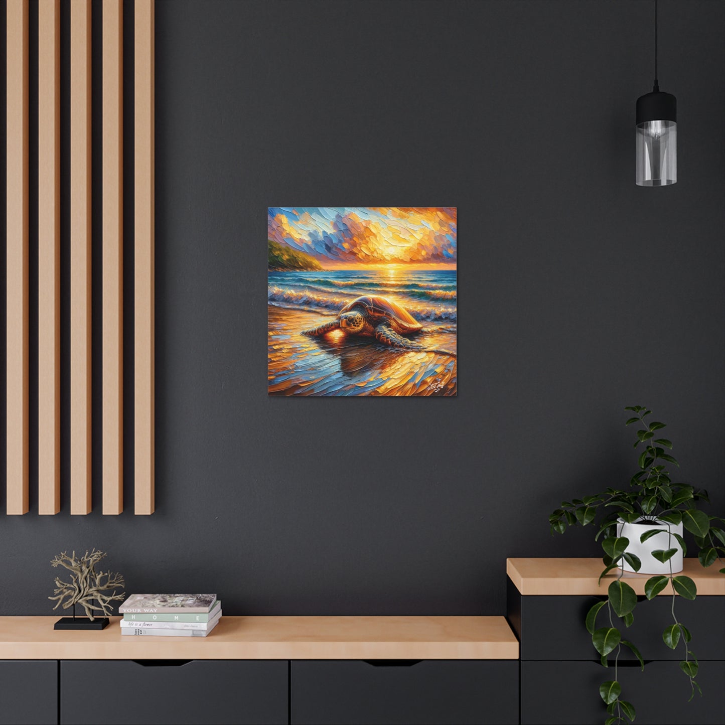 Art Print, Turtle at Sunset, Caribbean Wildlife, Oil Finish, Caribbean Nature, Culture, Heritage, Canvas Gallery Wrap