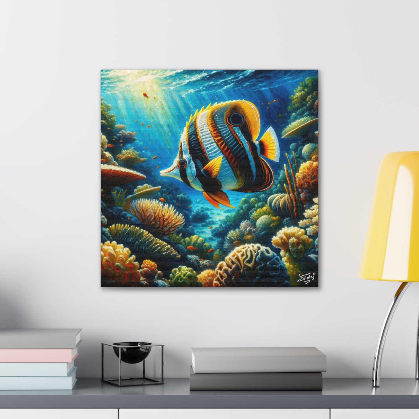 Art Print, Banded Butterflyfish in Coral Reef, Oil Finish, Caribbean Nature, Semi-Abstract, Canvas Gallery Wrap