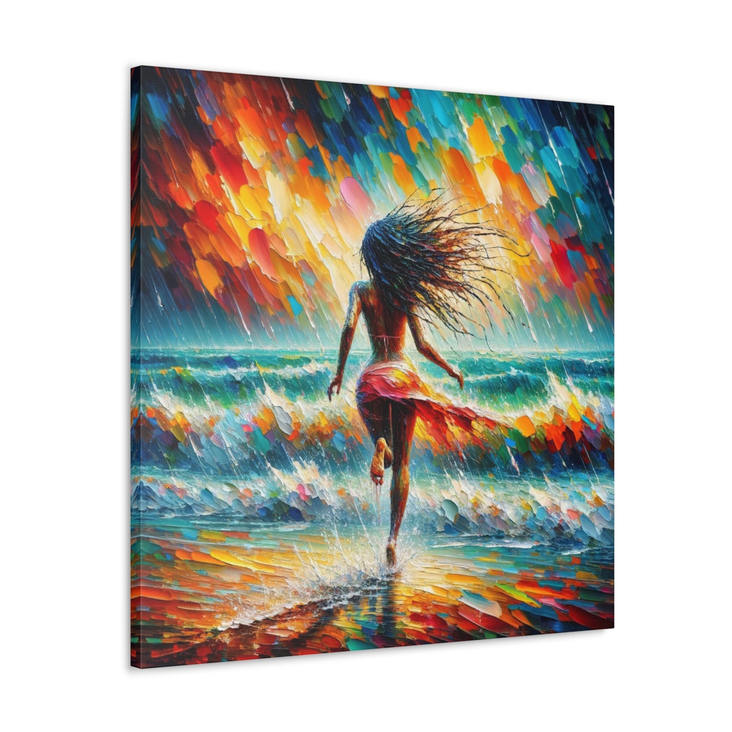 Art Print#6, East Indian Woman from Trinidad running into the Atlantic Ocean, Caribbean, Oil Finish, West Indian Art, Canvas Gallery Wraps