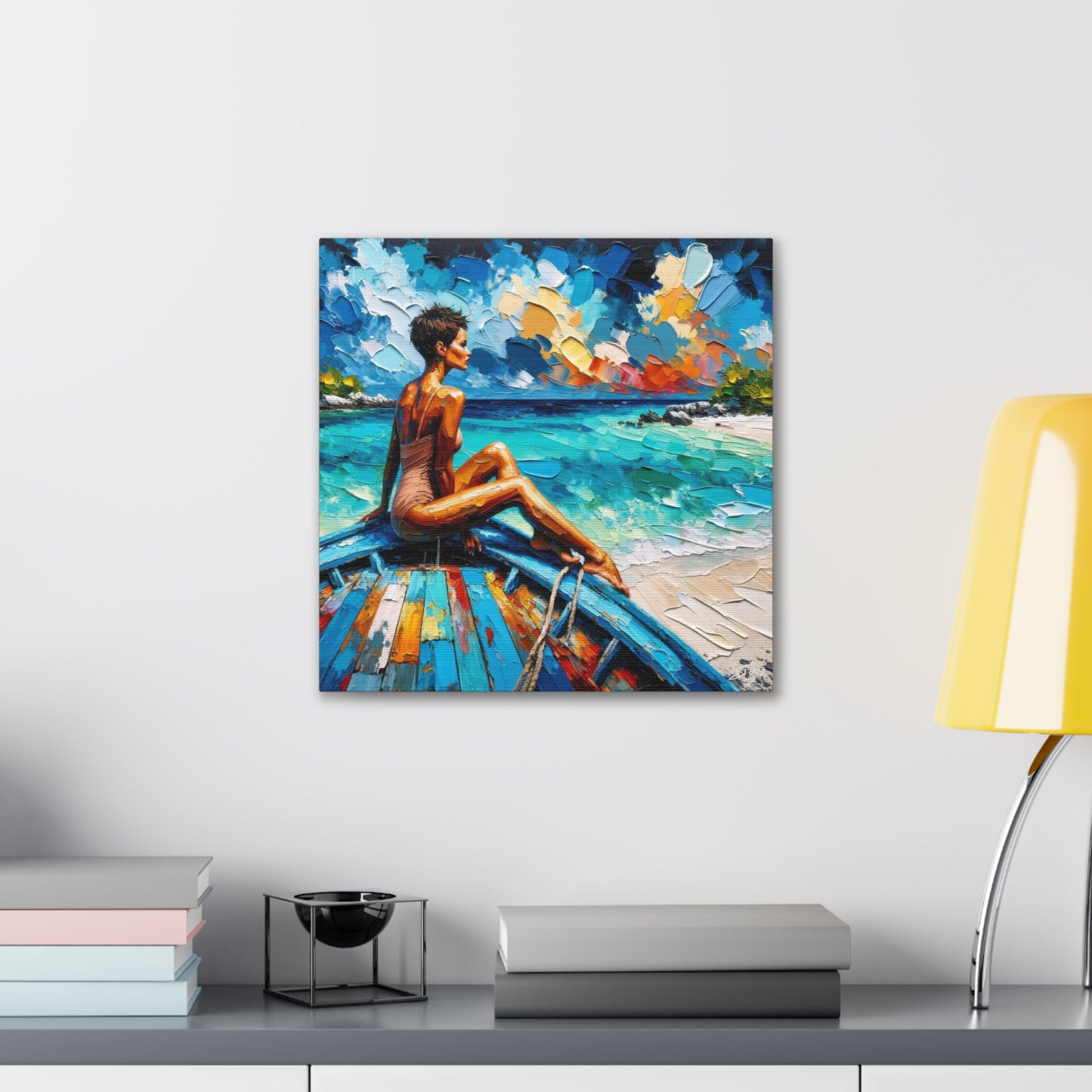 Art Print, Caribbean Woman "Chilling in the Boat" Oil Finish, West Indian Ethnicity, Cultural, Heritage, Semi-Abstract, Canvas Gallery Wrap