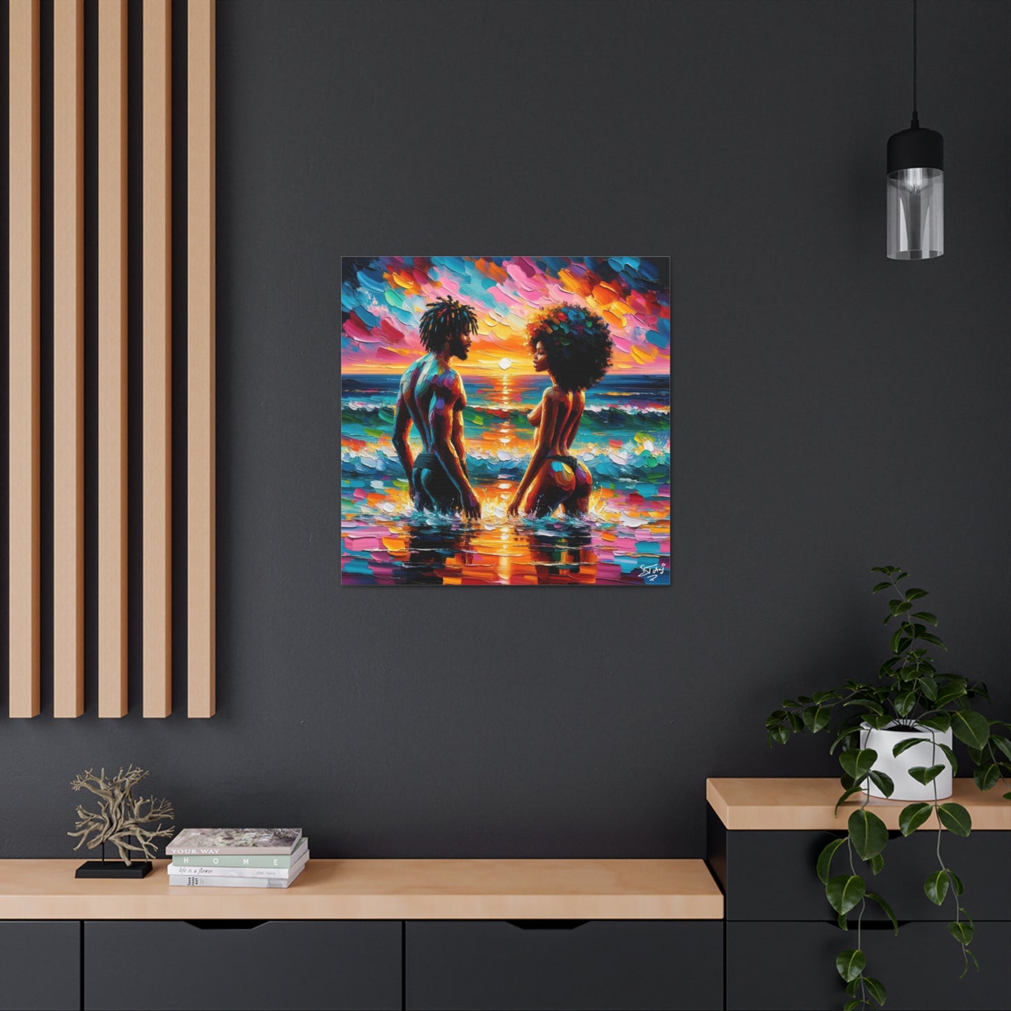 Art Print, Afro-Caribbean Couple in the Ocean, Oil Finish, West Indian Ethnicity, Cultural, Heritage, Semi-Abstract, Canvas Gallery Wrap