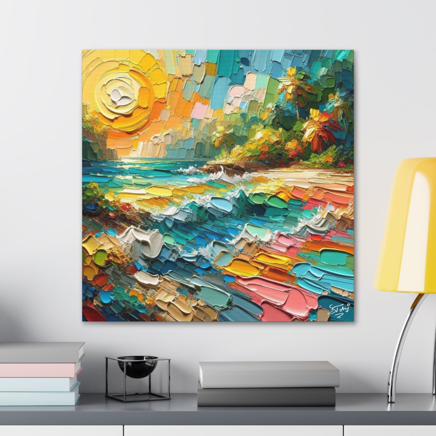 Art Print of Caribbean Beach Scene, Abstract, Oil Painting, West Indian Art, Canvas Gallery Wraps