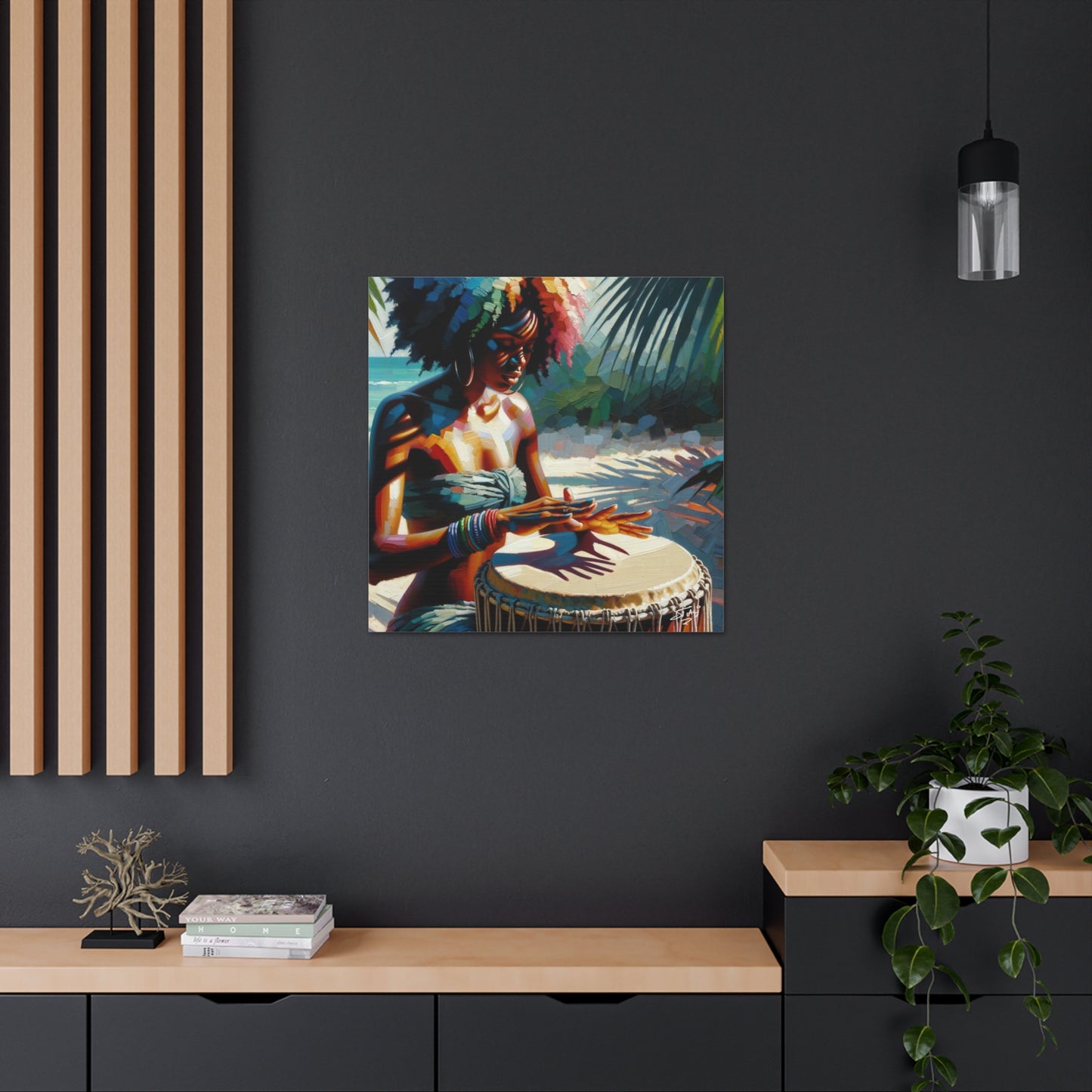 Art Print, Afro-Caribbean Woman, "Drumming" Oil Finish, West Indian Ethnicity, Cultural, Heritage, Abstract, Canvas Gallery Wrap