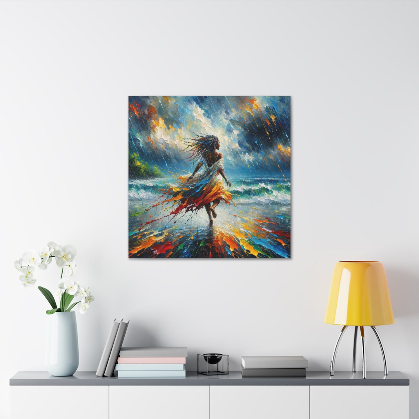 Art Print#4, East Indian Woman from Trinidad running into the Atlantic Ocean, Caribbean, Oil Finish, West Indian Art, Canvas Gallery Wraps