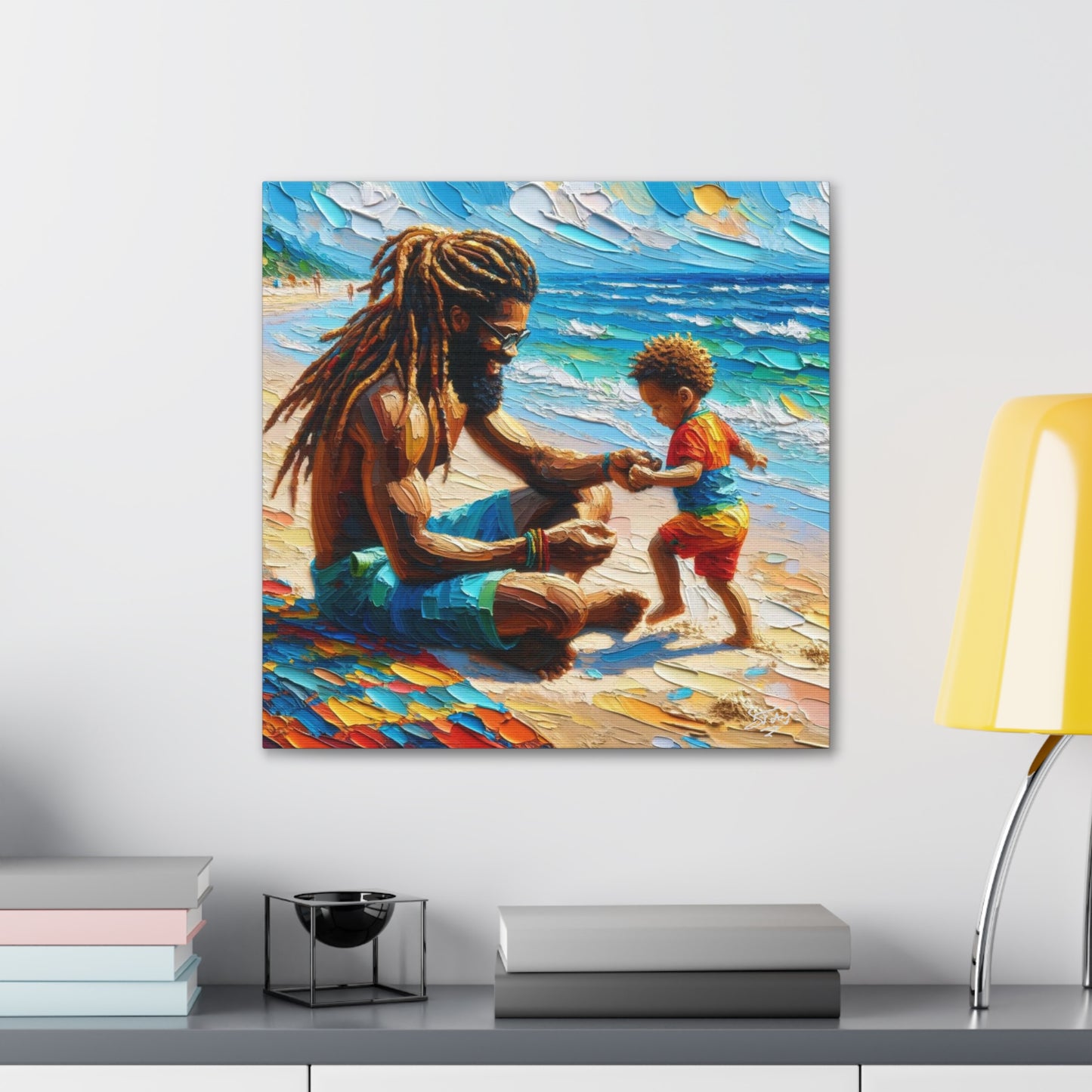 Art Print, Afro-Caribbean Father & Son "Sitting on the Beach," Oil Finish, West Indian Ethnicity, Cultural, Heritage, Semi-Abstract, Canvas Gallery Wrap