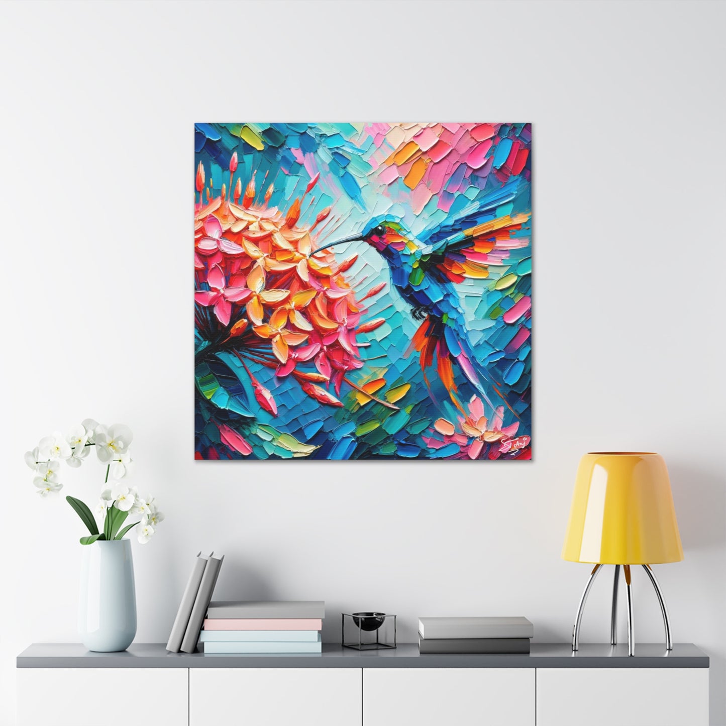 Art Print, Hummingbird on Ixora, Oil Finish, Caribbean Nature, Cultural, Heritage, Semi-Abstract, Canvas Gallery Wrap