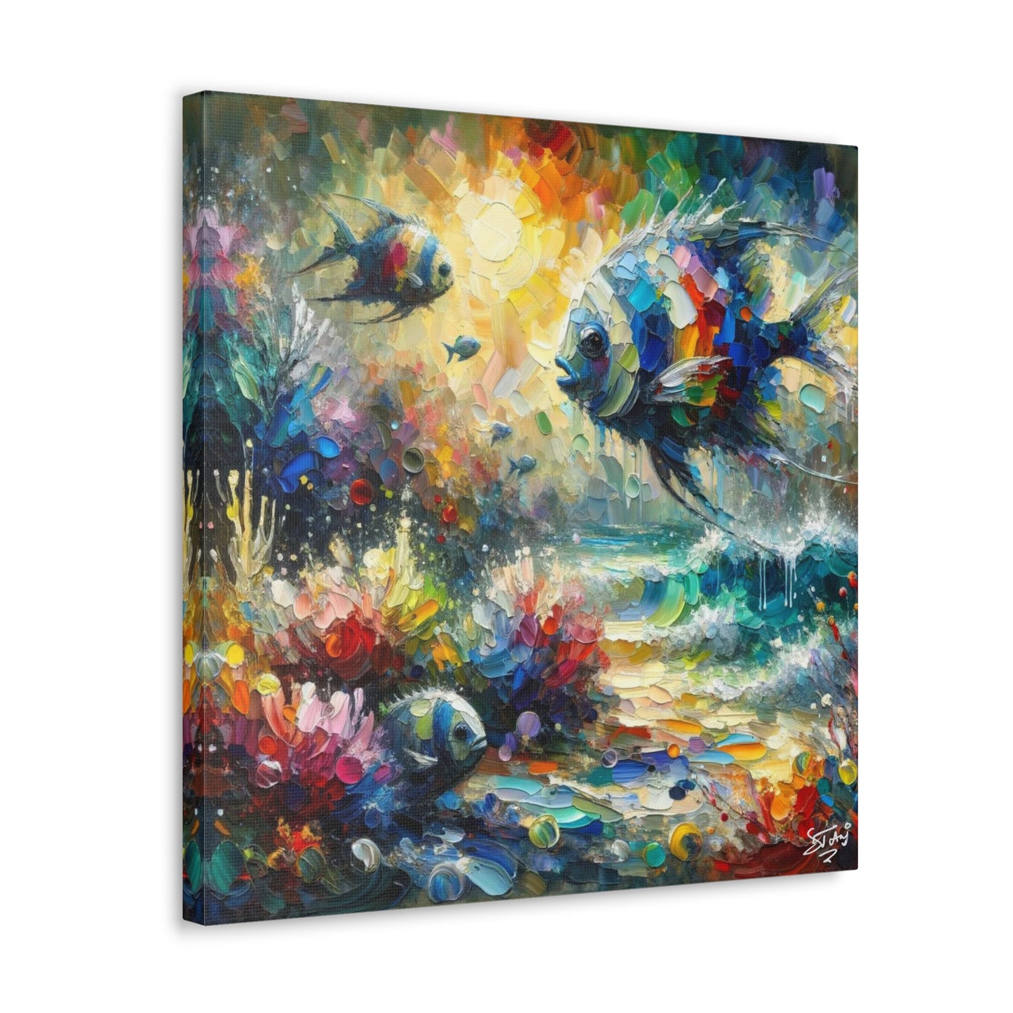 Art Print, Fishes in Coral Reef (2), Oil Finish, Caribbean Nature, Semi-Abstract, Canvas Gallery Wrap