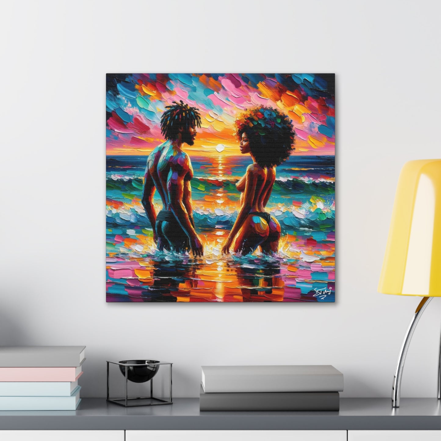 Art Print, Afro-Caribbean Couple in the Ocean, Oil Finish, West Indian Ethnicity, Cultural, Heritage, Semi-Abstract, Canvas Gallery Wrap