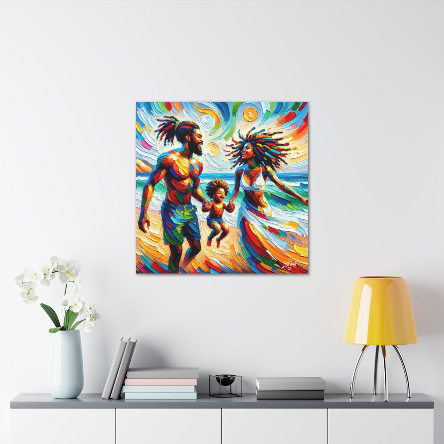 Art Print, Afro-Caribbean Family "Walking on the Beach," Oil Finish, West Indian Ethnicity, Cultural, Heritage, Semi-Abstract, Canvas Gallery Wrap