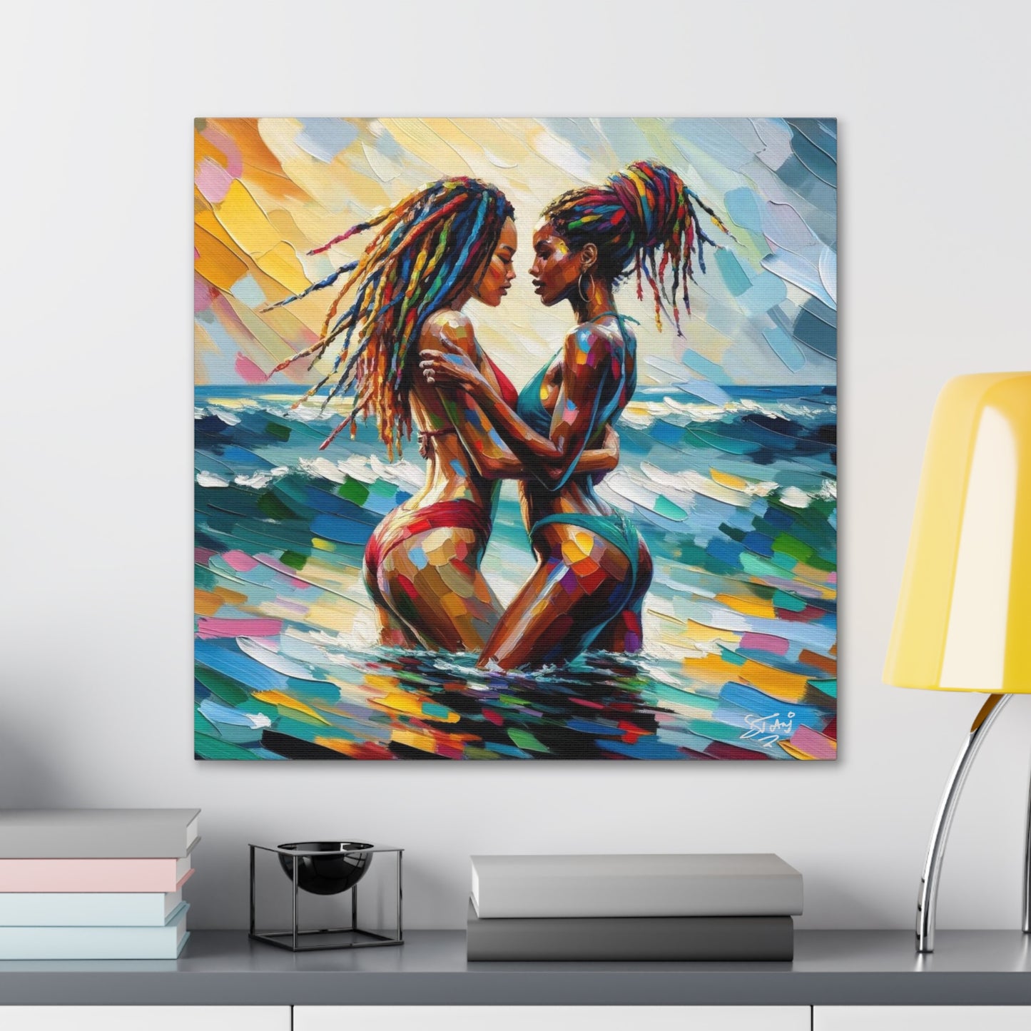 Art Print, Caribbean Couple, "In Our World" Semi-Abstract Oil Finish, West Indian Ethnicity, Cultural, Heritage, Abstract, Canvas Gallery Wrap