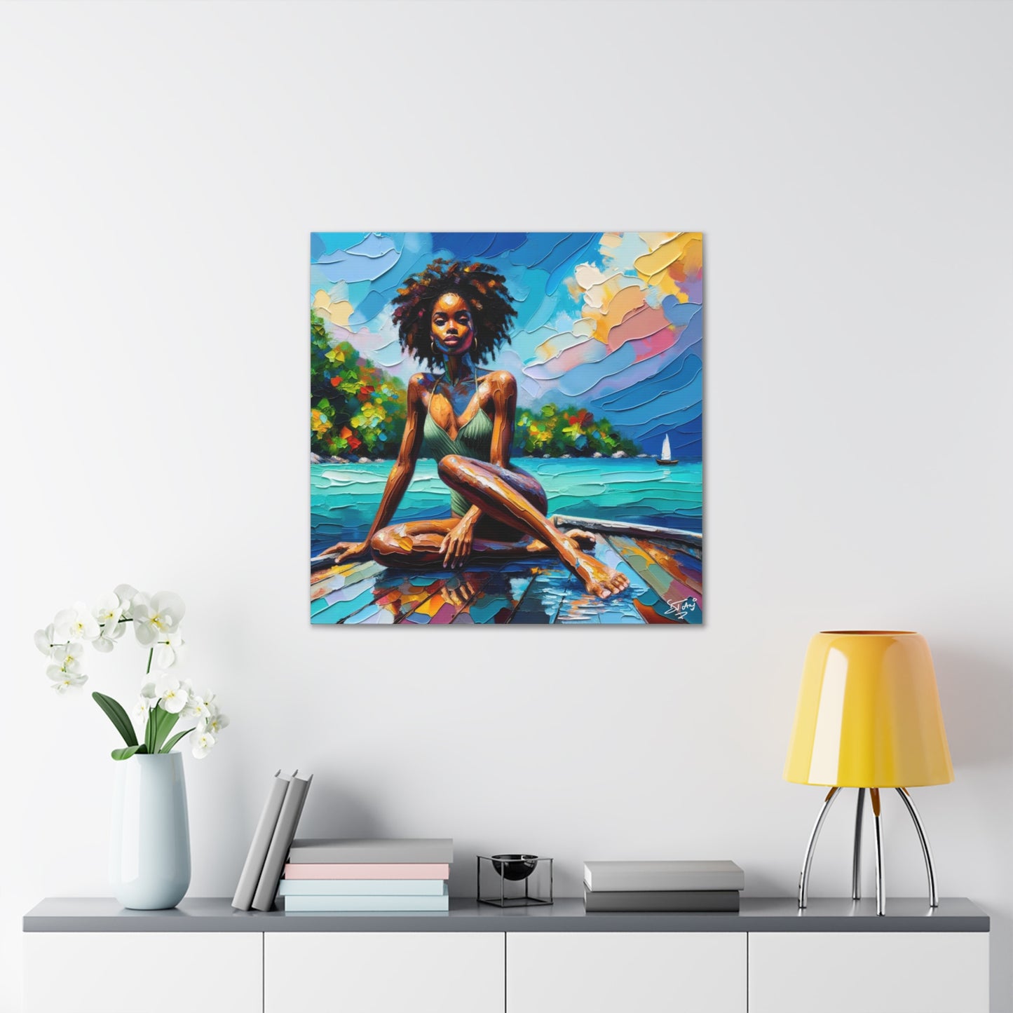 Art Print, Afro-Caribbean Woman "Chilling in the Boat" Oil Finish, West Indian Ethnicity, Cultural, Heritage, Semi-Abstract, Canvas Gallery Wrap