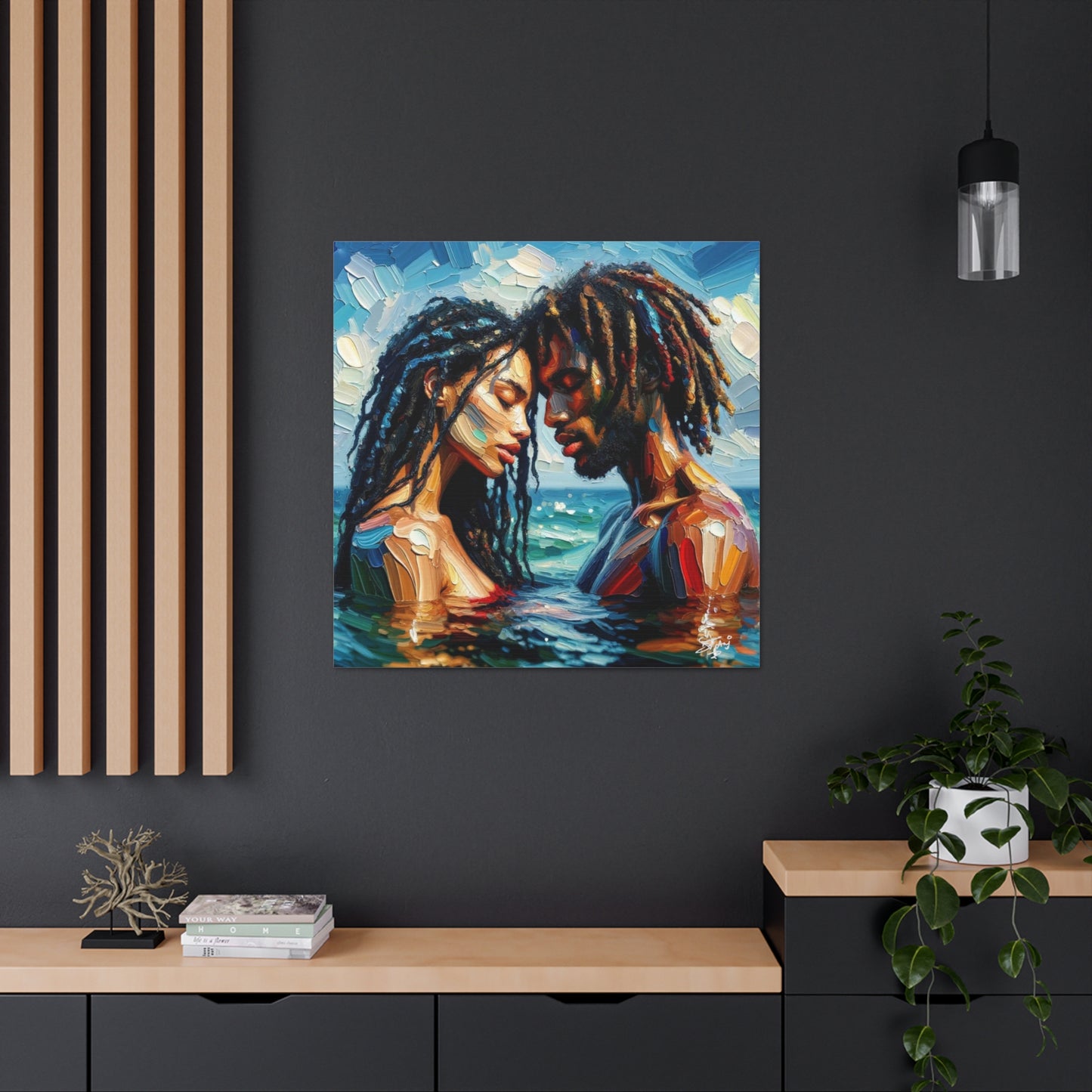 Art Print, Caribbean Couple, "In Our World" Semi-Abstract Oil Finish, West Indian Ethnicity, Cultural, Heritage, Abstract, Canvas Gallery Wrap