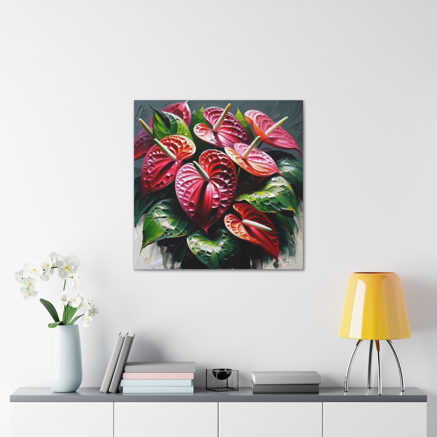 Print of Anthurium flowers with a vibrant, oil-painted finish, Canvas Gallery Wraps