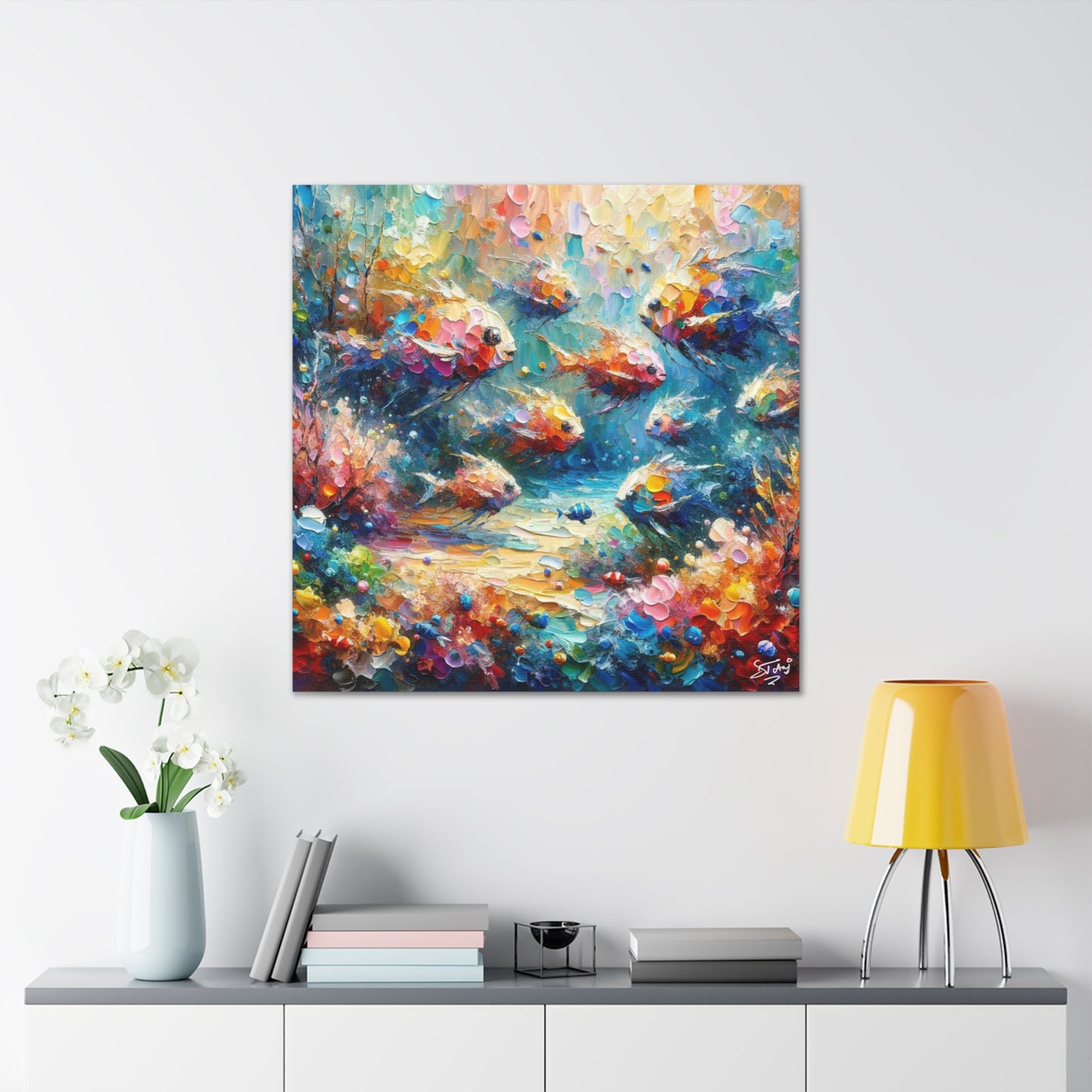 Art Print, Fishes in Coral Reef, Oil Finish, Caribbean Nature, Semi-Abstract, Canvas Gallery Wrap