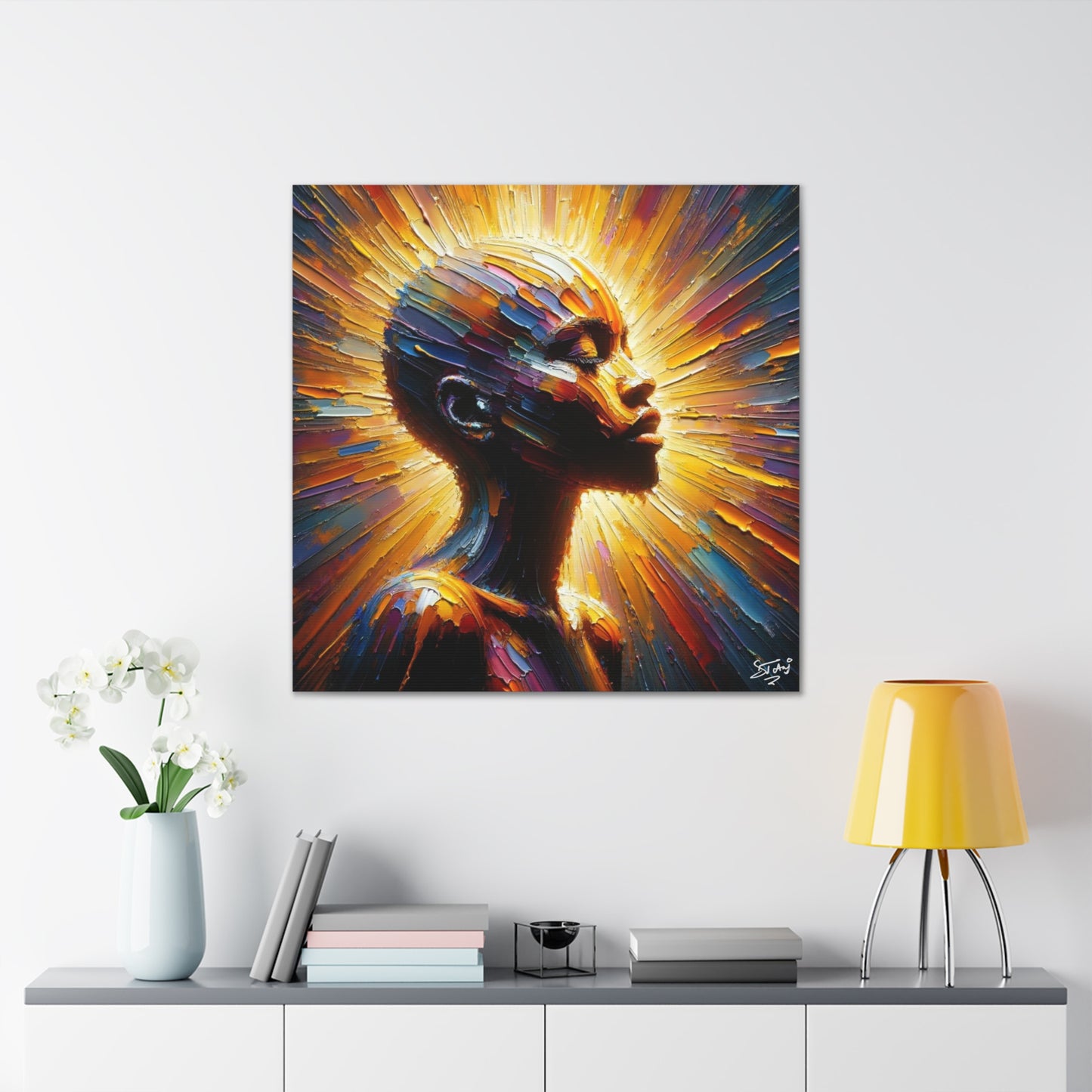 Art Print, Afro-Caribbean Bald Woman, Oil Finish, West Indian Ethnicity, Cultural, Heritage, Semi-Abstract, Canvas Gallery Wrap