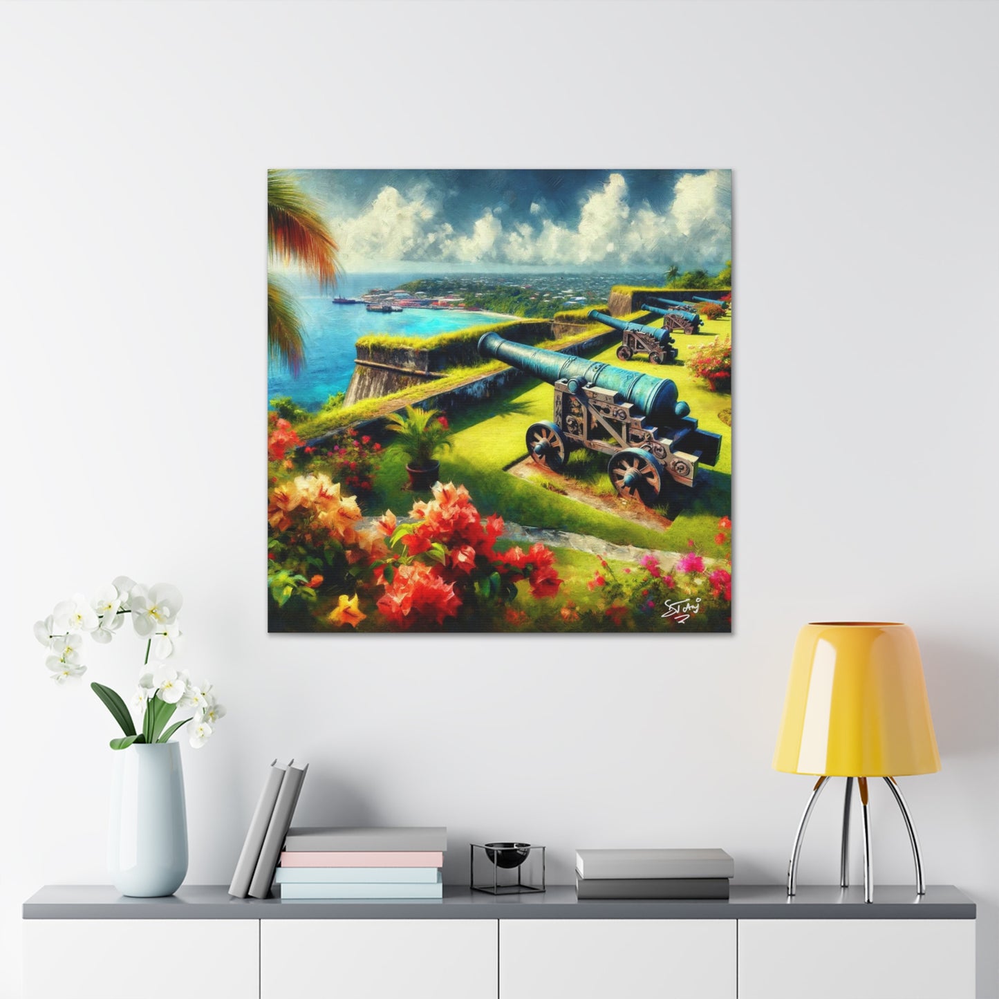 Art Print, Fort on Caribbean Island, Oil Painting, West Indian Ethnicity, Cultural, Heritage, Canvas Gallery Wrap