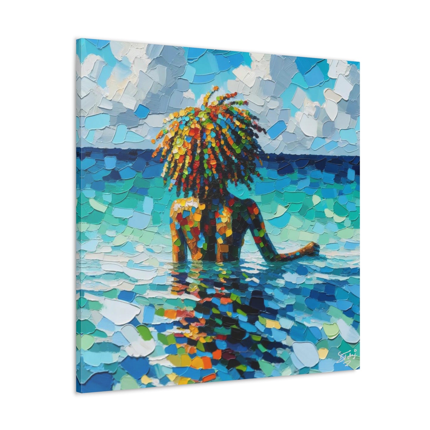 Art Print, Afro-Caribbean Woman, "Sea Bath" Oil Finish, West Indian Ethnicity, Cultural, Heritage, Abstract, Canvas Gallery Wrap