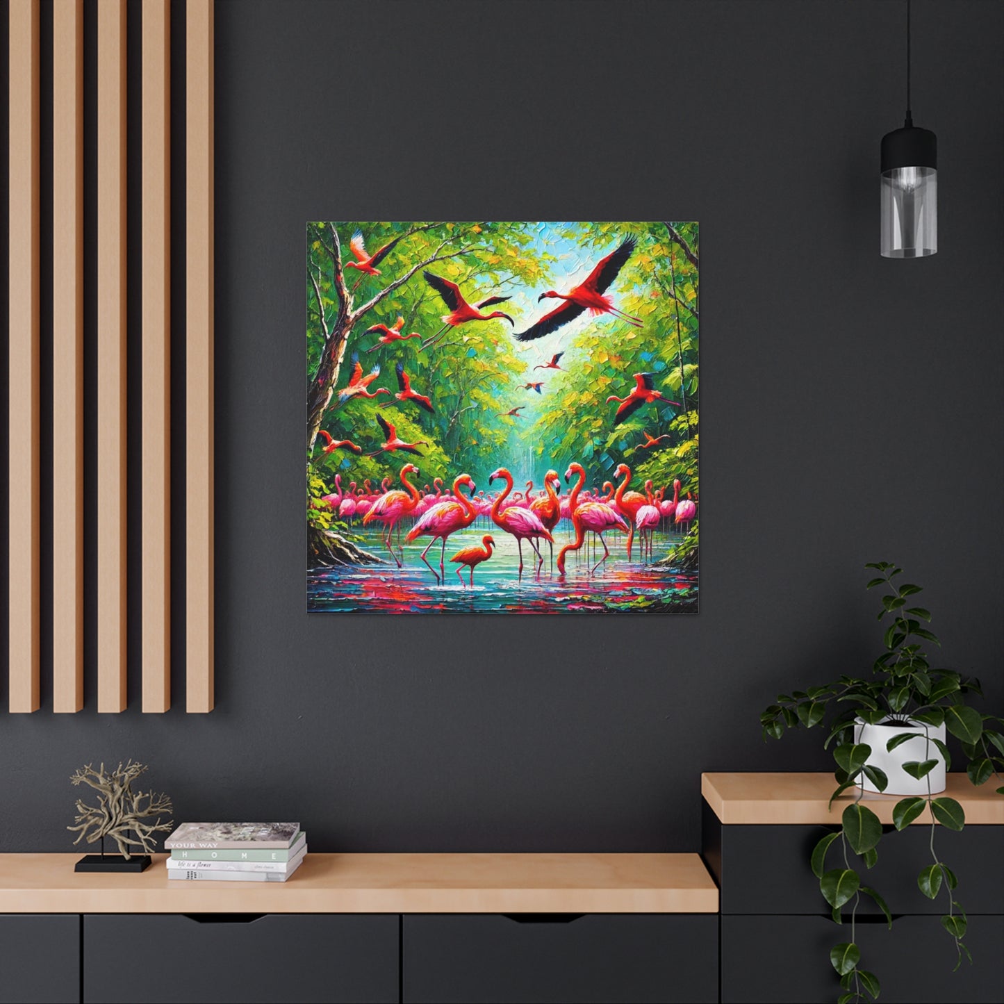 Art Print, Scarlet Ibises & Flamingos in Their Natural Mangrove Habitat in Trinidad and Tobago, Caribbean, West Indian Art, Canvas Gallery Wraps