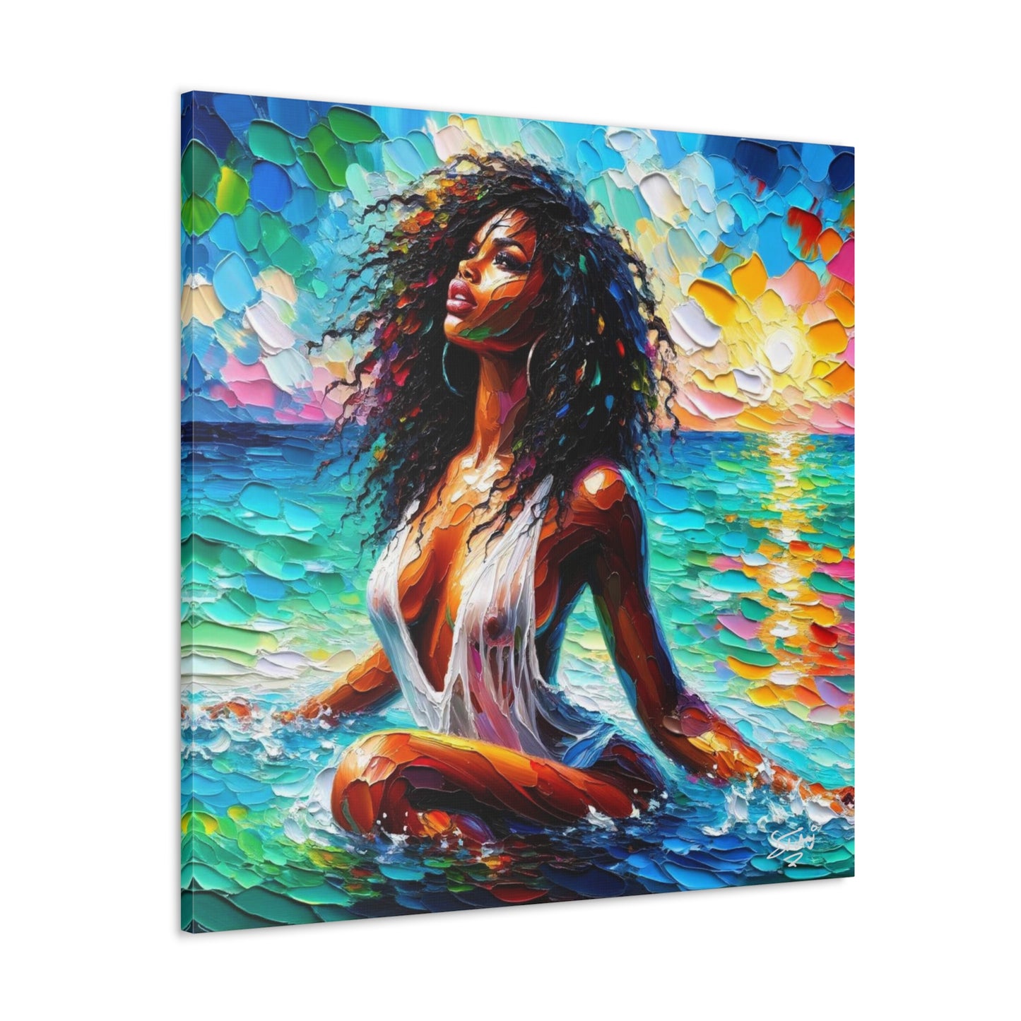 Art Print, Afro-Caribbean Woman, "Sea Bath" Abstract, Oil Finish, West Indian Ethnicity, Cultural, Heritage, Abstract, Canvas Gallery Wrap