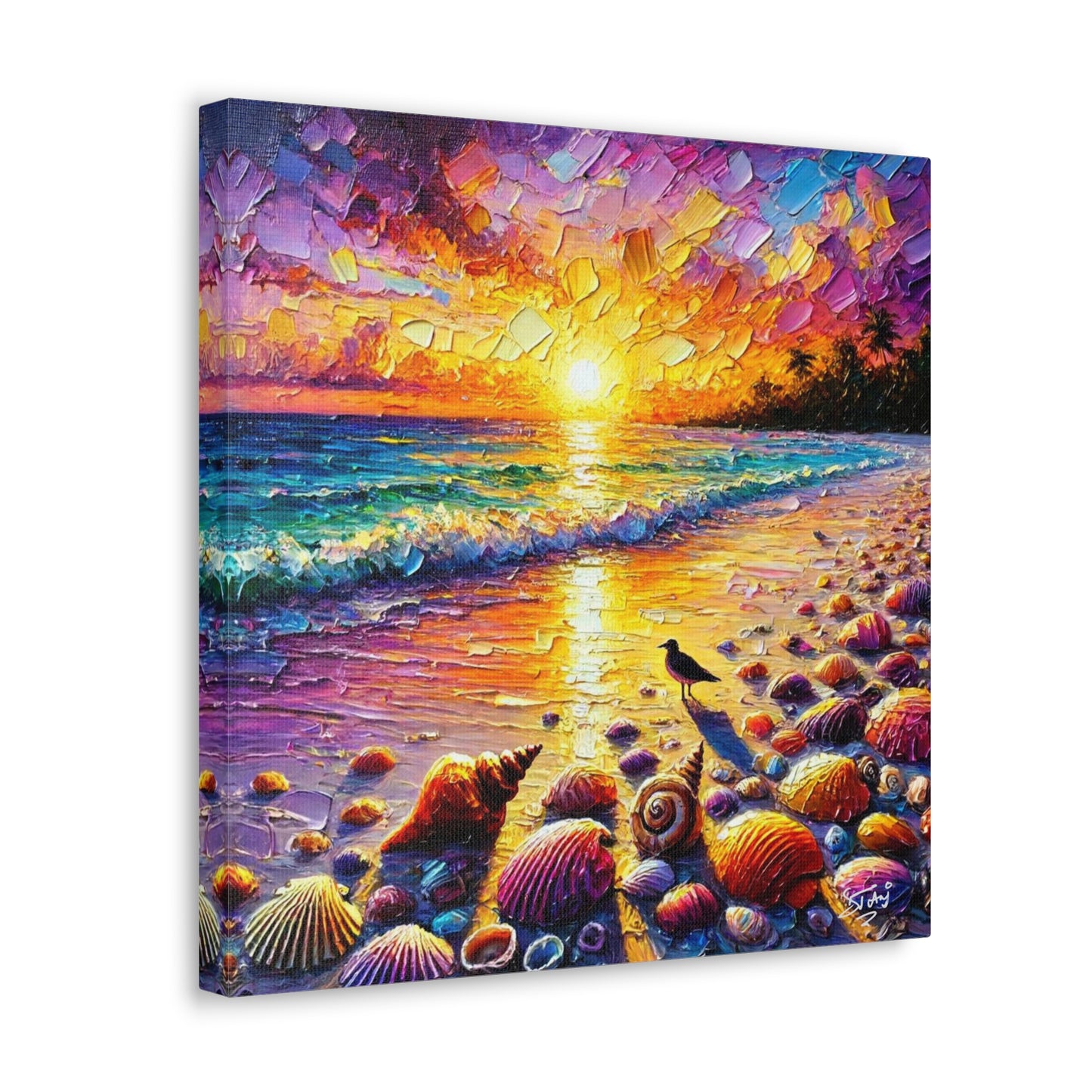 Art Print, Seashells on Caribbean Beach, Sunset, Semi-Abstract, Oil Painting, West Indian Art, Canvas Gallery Wraps