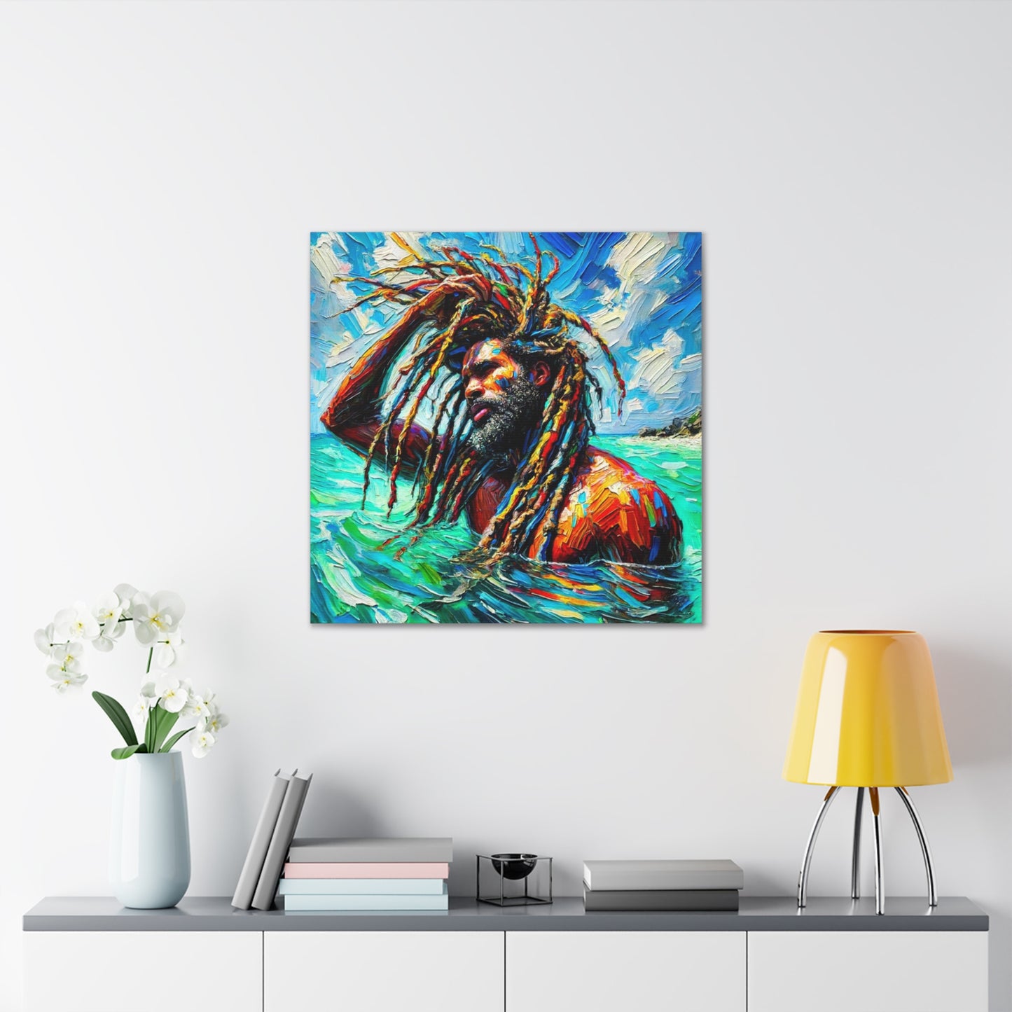 Art Print, Afro-Caribbean Man, "Sea Bath" Abstract, Semi-Abstract Oil Finish, West Indian Ethnicity, Cultural, Heritage, Abstract, Canvas Gallery Wrap