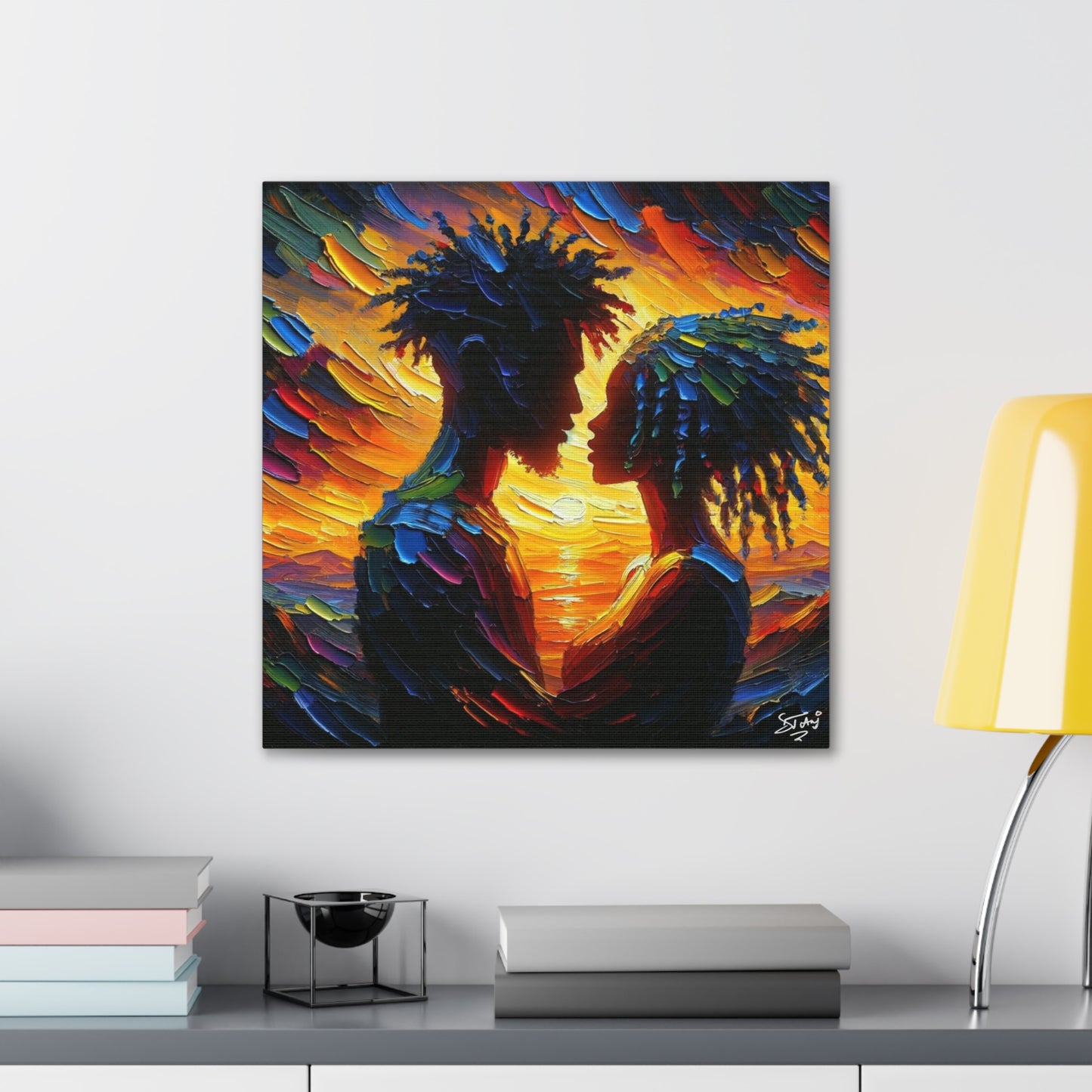 Art Print, Afro-Caribbean Couple in Love, Oil Finish, West Indian Ethnicity, Cultural, Heritage, Semi-Abstract, Canvas Gallery Wrap