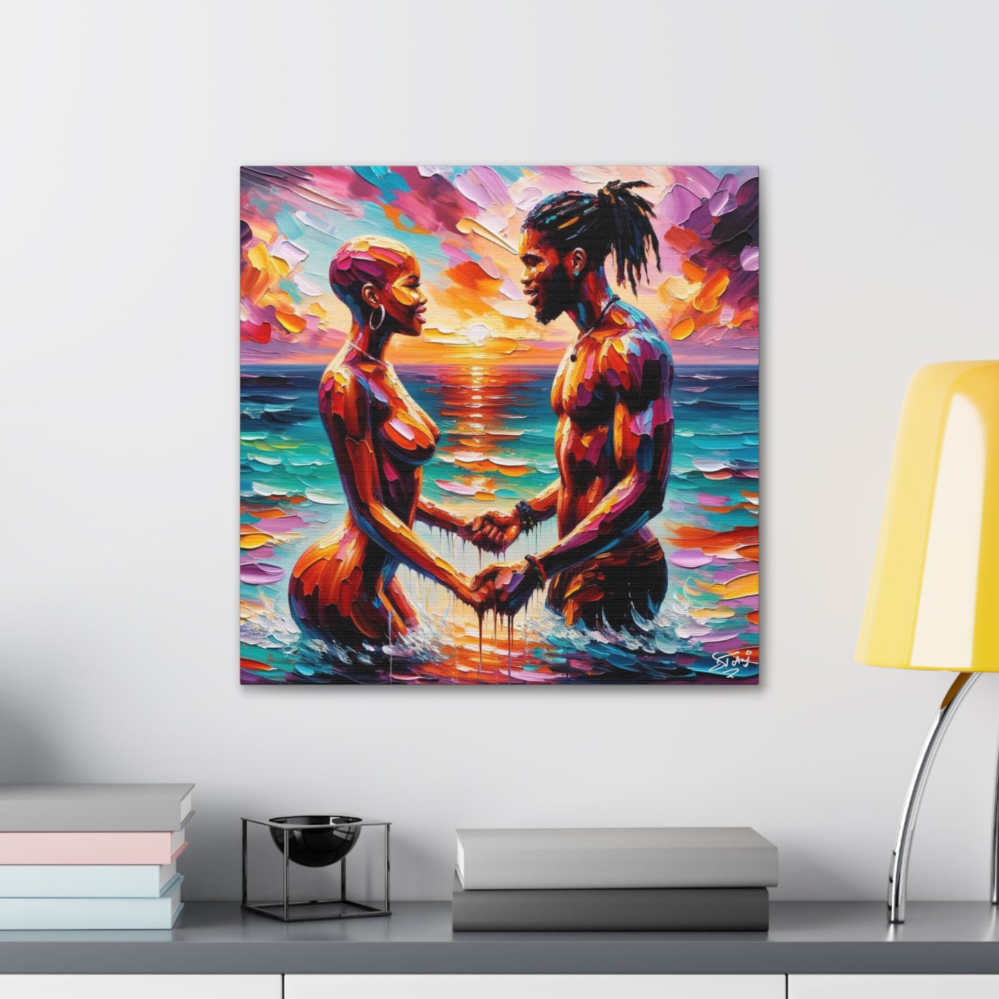 Art Print, Afro-Caribbean Couple "Skinny Dipping," Oil Finish, West Indian Ethnicity, Cultural, Heritage, Semi-Abstract, Canvas Gallery Wrap